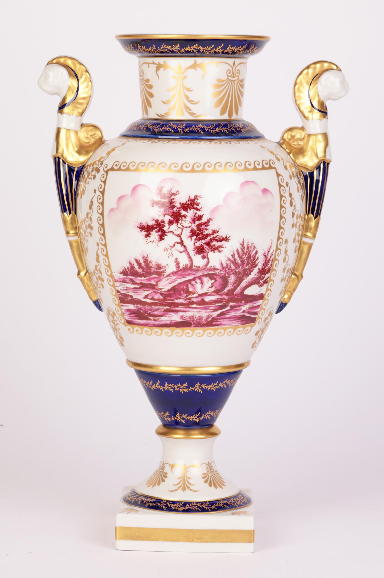 Mangani Italian Porcelain Hand Decorated Twin Handled Vase In Good Condition For Sale In Bishop's Stortford, Hertfordshire