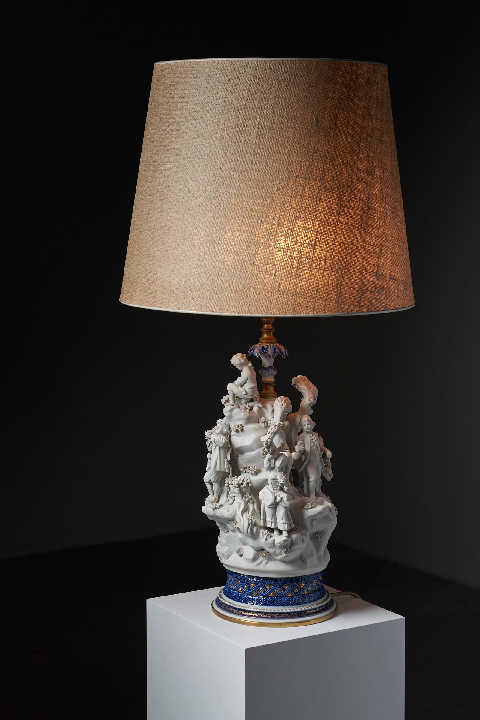 Italian Mangani Porcelain Table Lamp with Sculpted Figurines, 20th-Century Italy For Sale