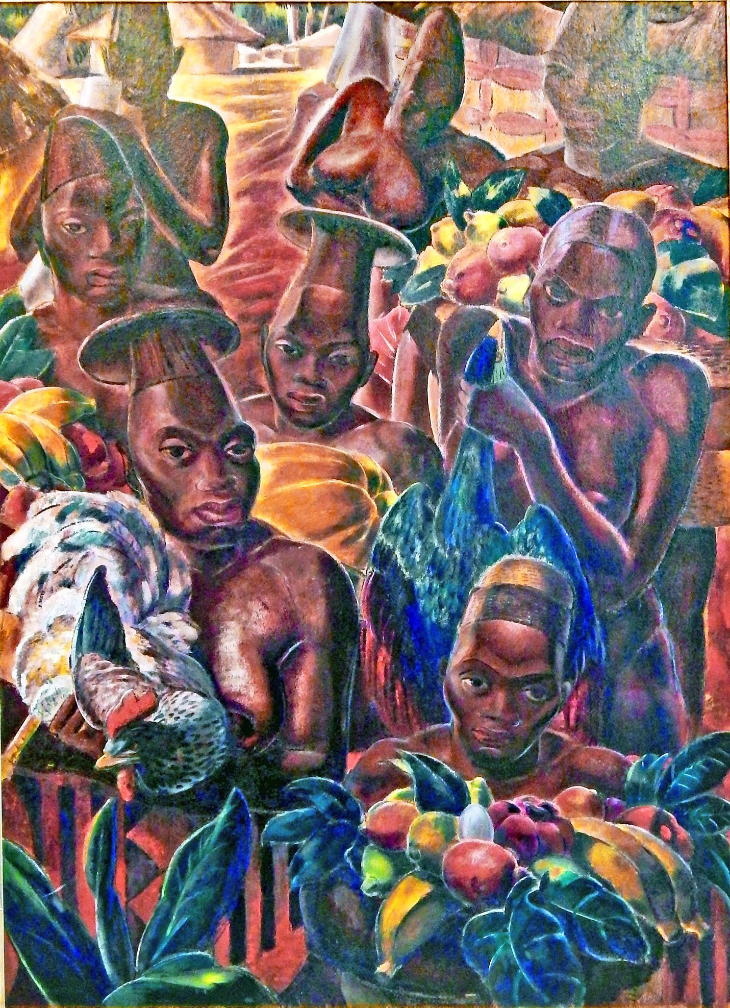 "Mangbetu Coming to Market", Grande peinture de maître Art Déco de Paul Travis