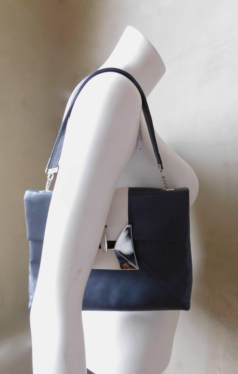 Mangiameli Vintage Italian Navy Blue and White Calfskin Leather Handbag