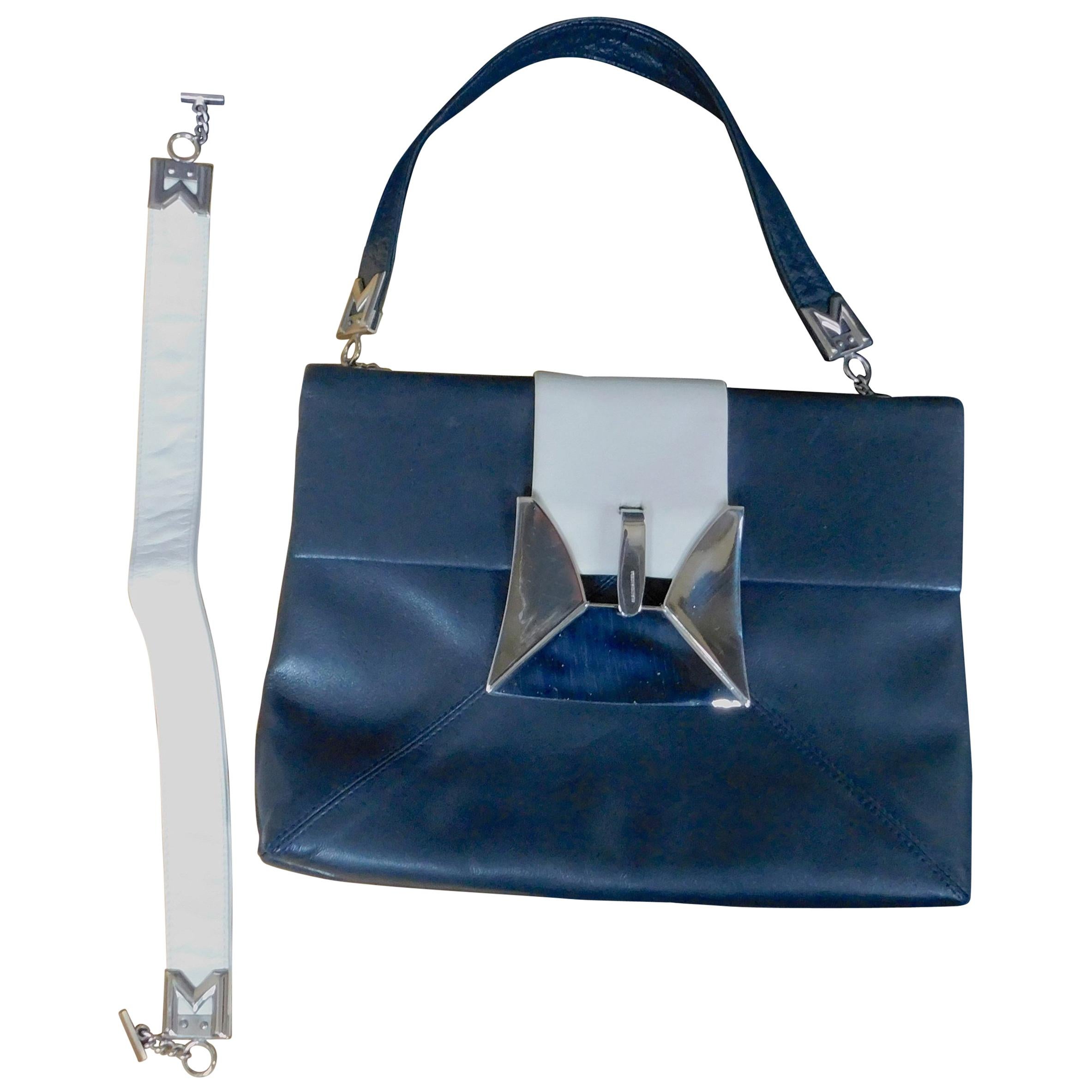 Mangiameli Vintage Italian Navy Blue and White Calfskin Leather Handbag For Sale
