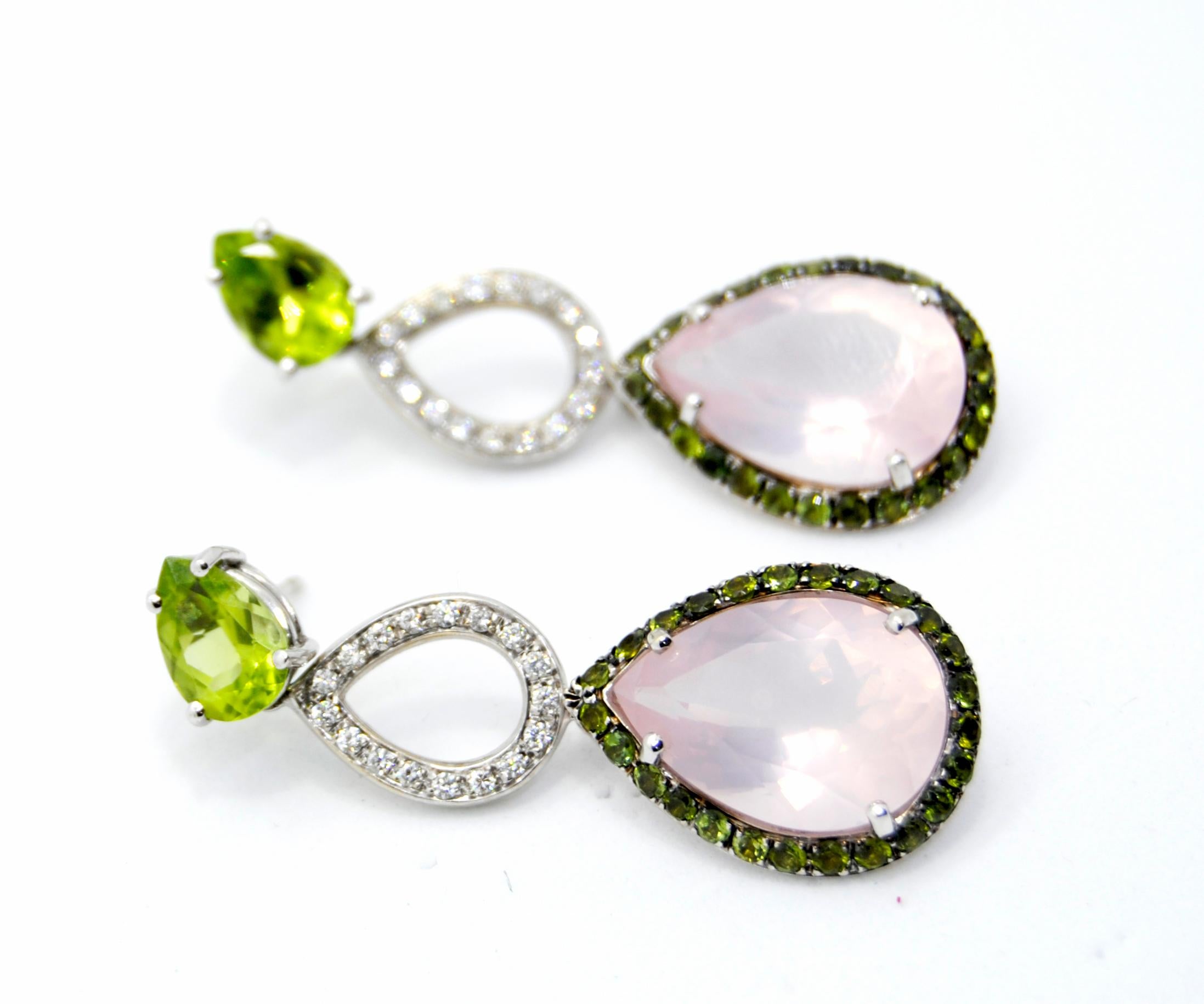 Contemporary Mangiarotti 18k gold  olivine diamonds tsavorites pink quartz drop Earrings