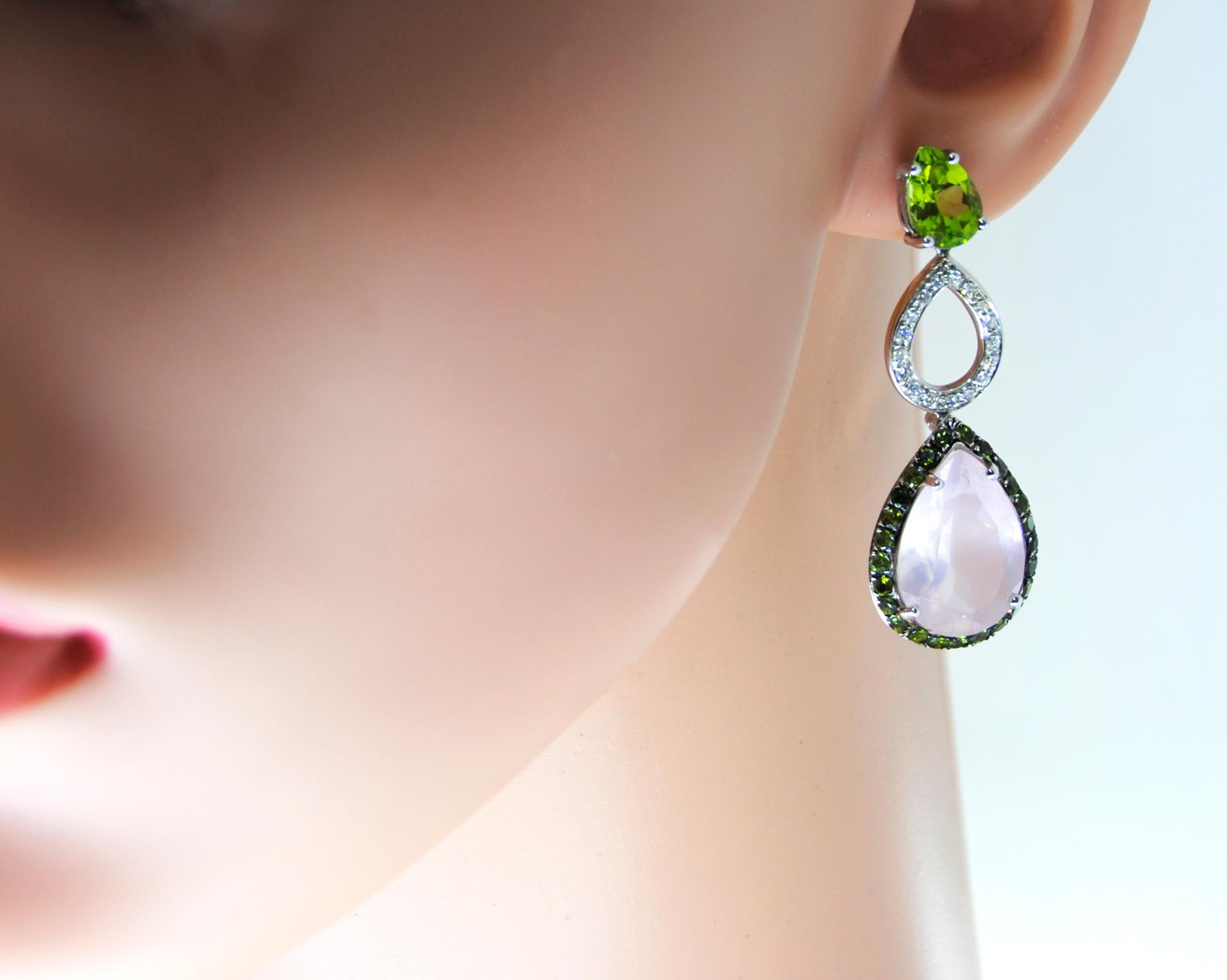 Pear Cut Mangiarotti 18k gold  olivine diamonds tsavorites pink quartz drop Earrings