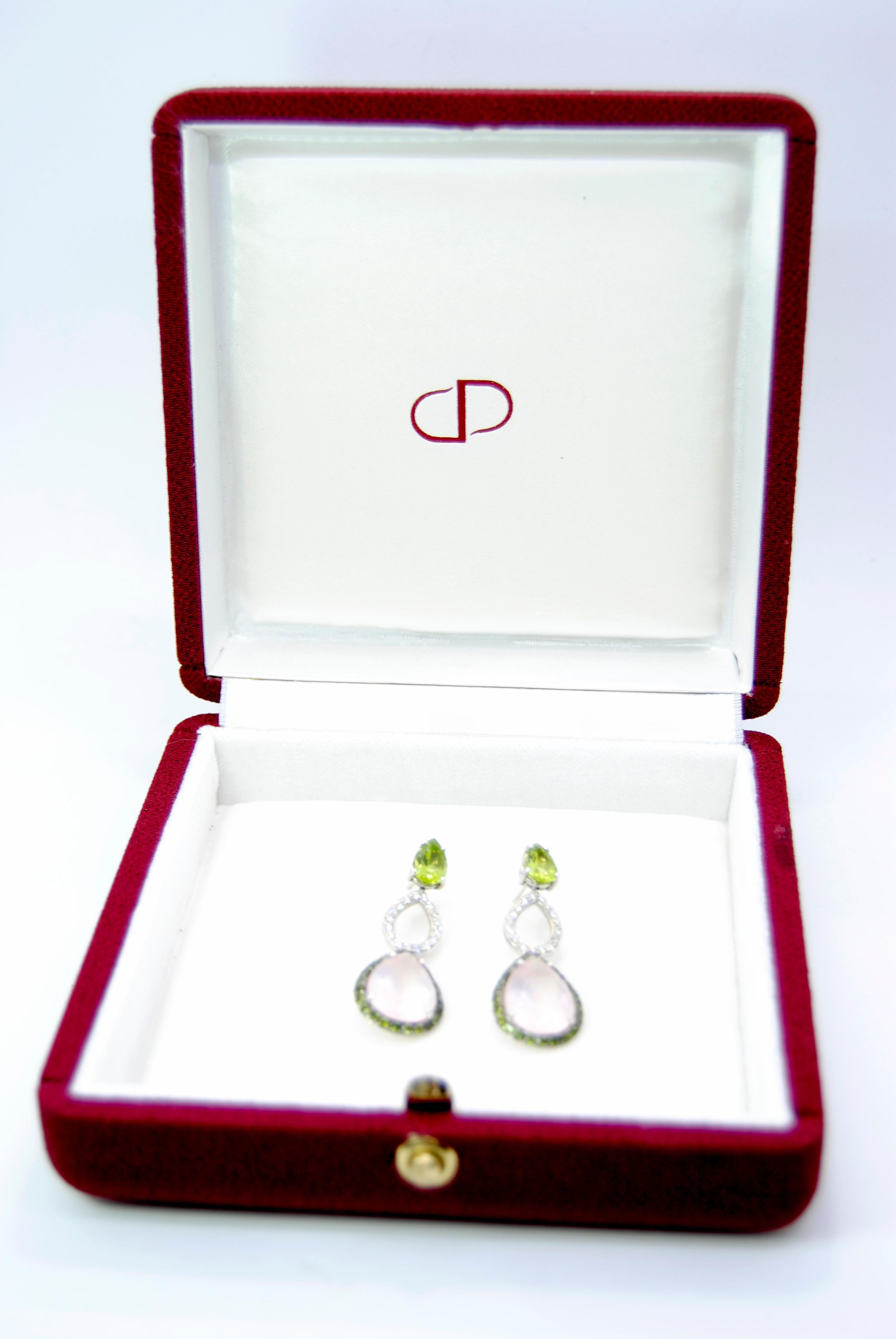 Mangiarotti 18k gold  olivine diamonds tsavorites pink quartz drop Earrings In New Condition In Bilbao, ES