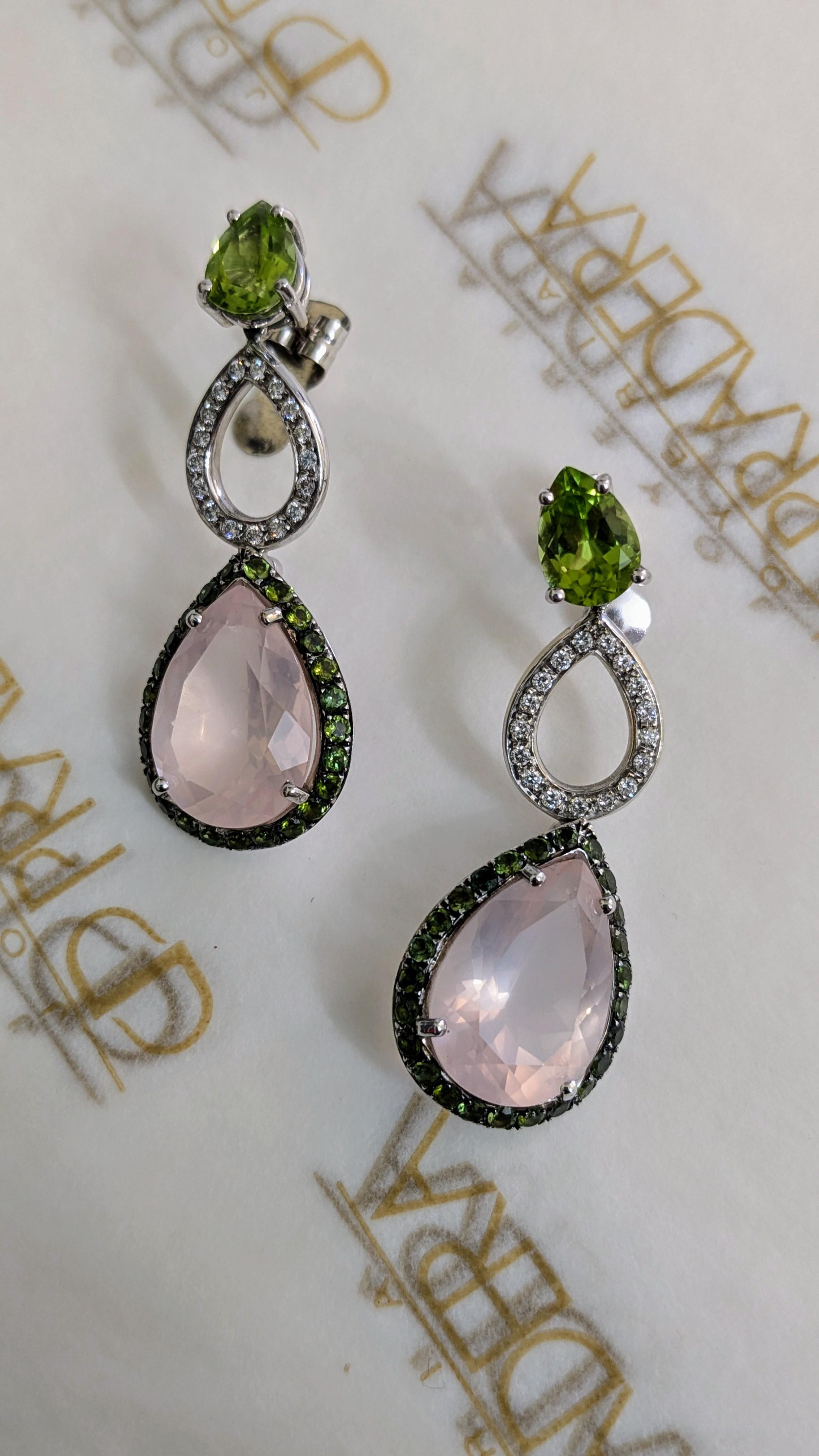 Contemporary Mangiarotti 18k gold  olivine diamonds tsavorites pink quartz drop Earrings For Sale