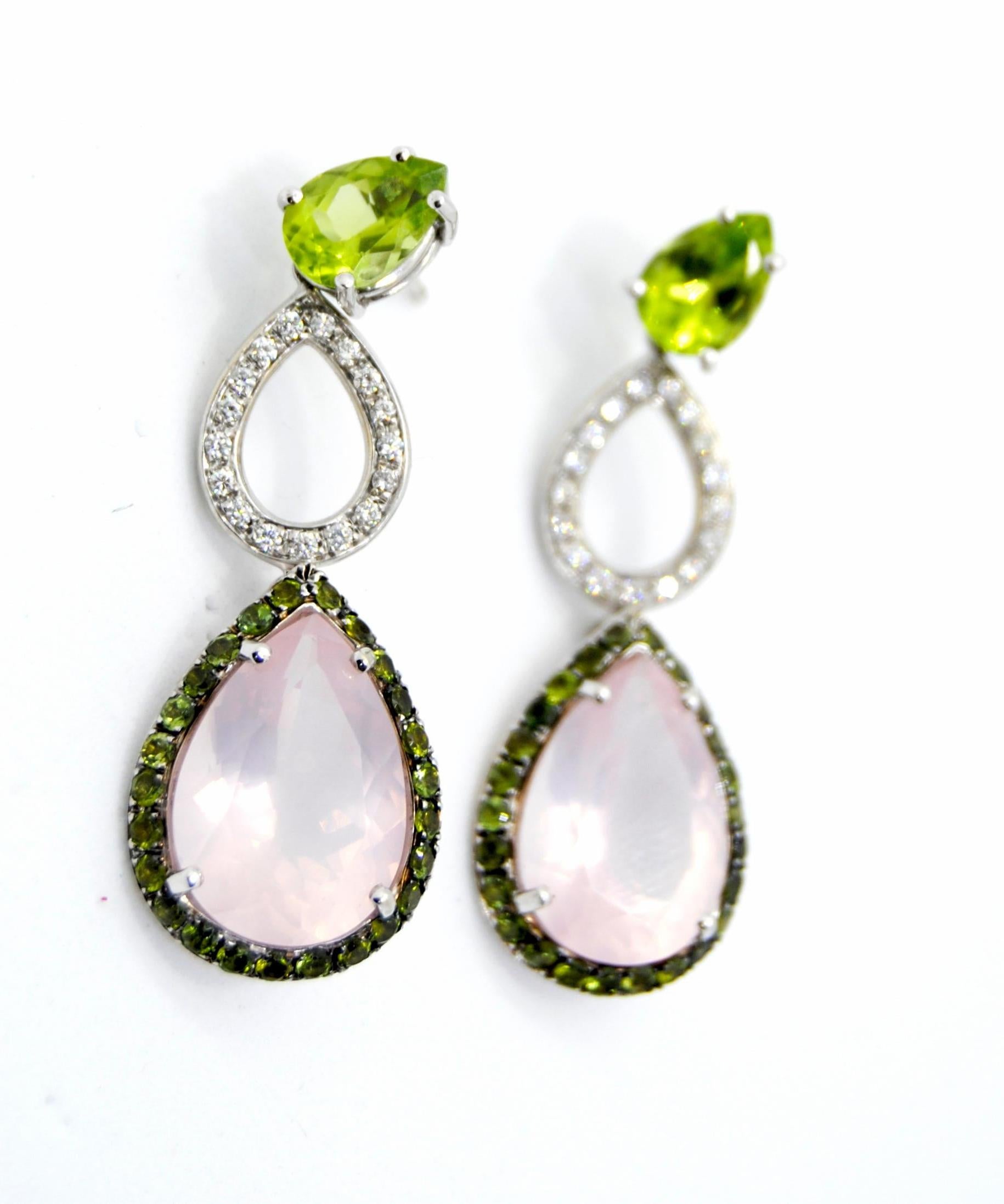 Pear Cut Mangiarotti 18k gold  olivine diamonds tsavorites pink quartz drop Earrings For Sale