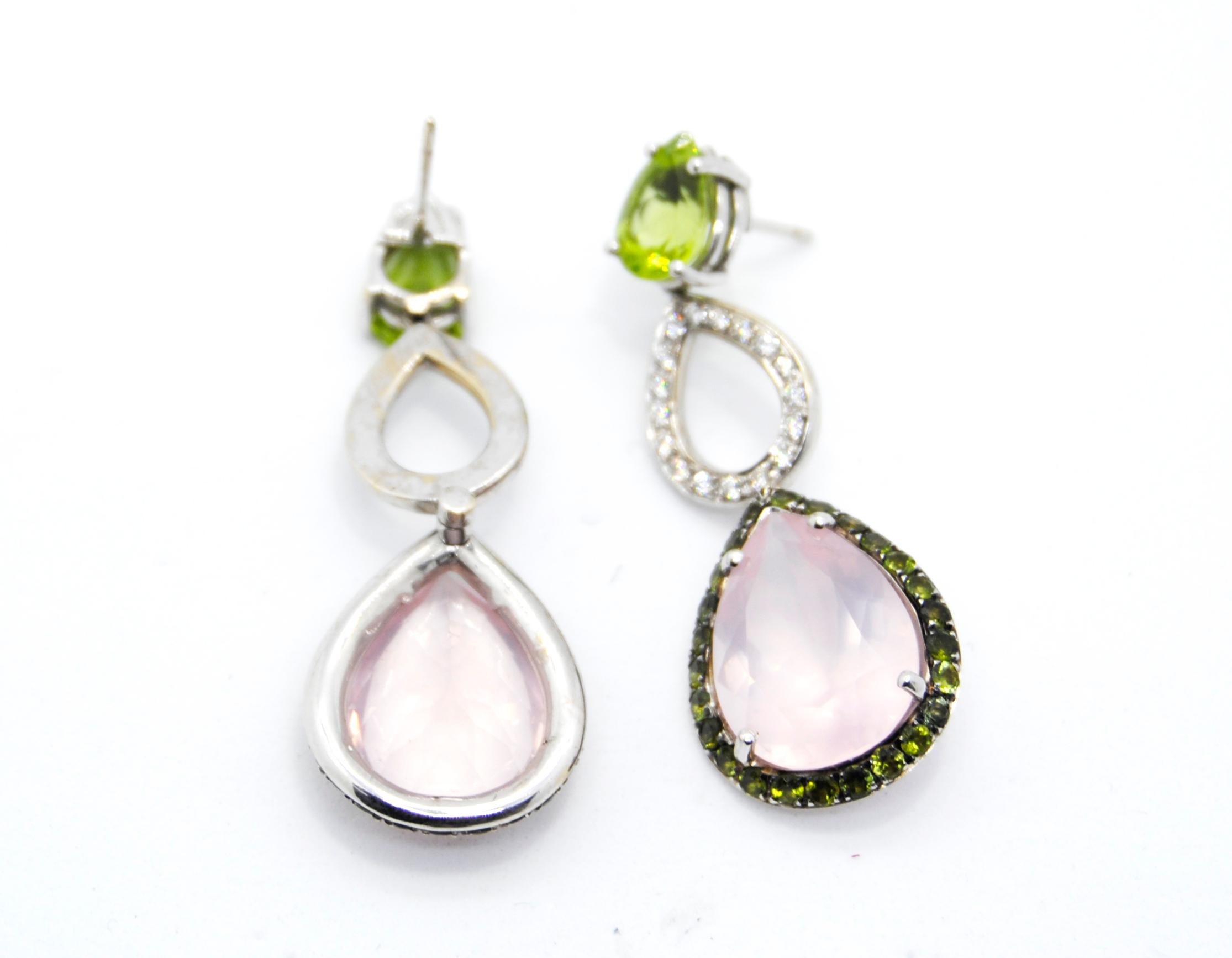 Mangiarotti 18k gold  olivine diamonds tsavorites pink quartz drop Earrings In Excellent Condition For Sale In Bilbao, ES