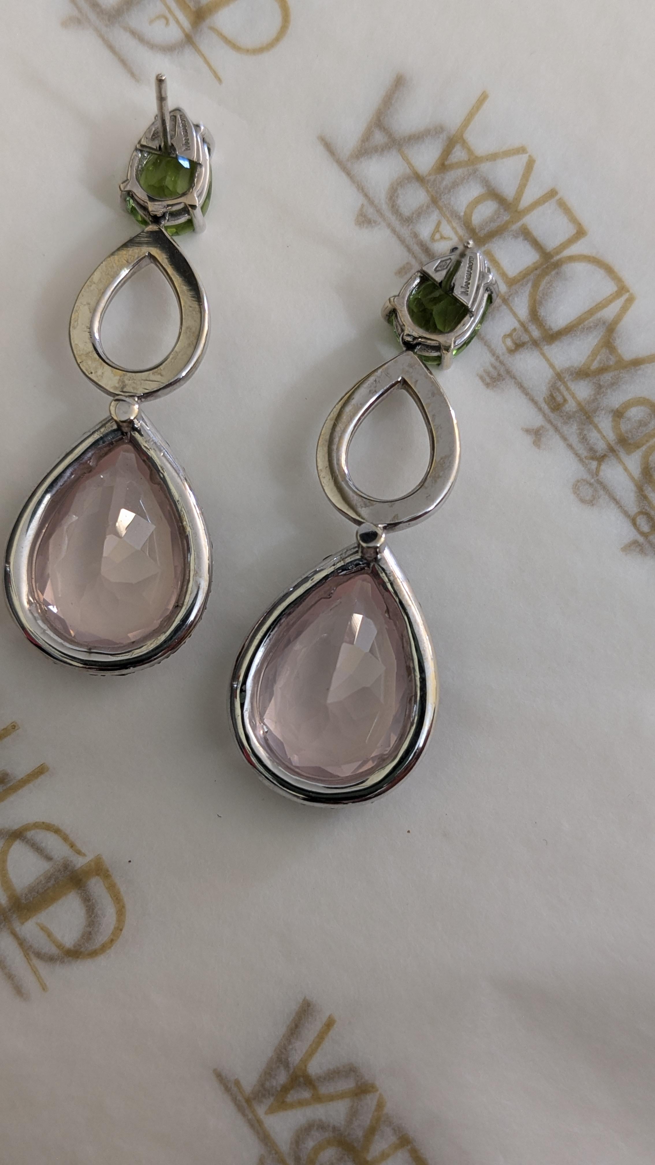 Women's Mangiarotti 18k gold  olivine diamonds tsavorites pink quartz drop Earrings For Sale