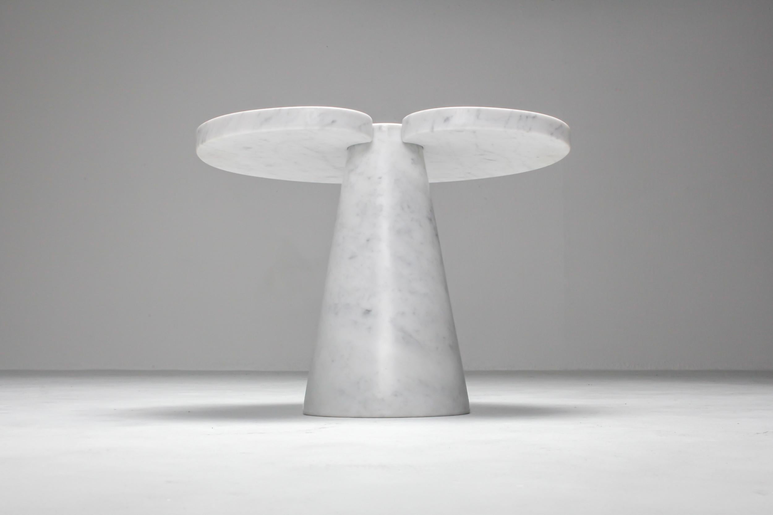 Original Mangiarotti marble side table.

This Eros series coffee table was designed by Angelo Mangiarotti for Skipper in Italy in 1971. It is made of solid white Carrara marble. This elegantly organic table has beautiful subtle veining
