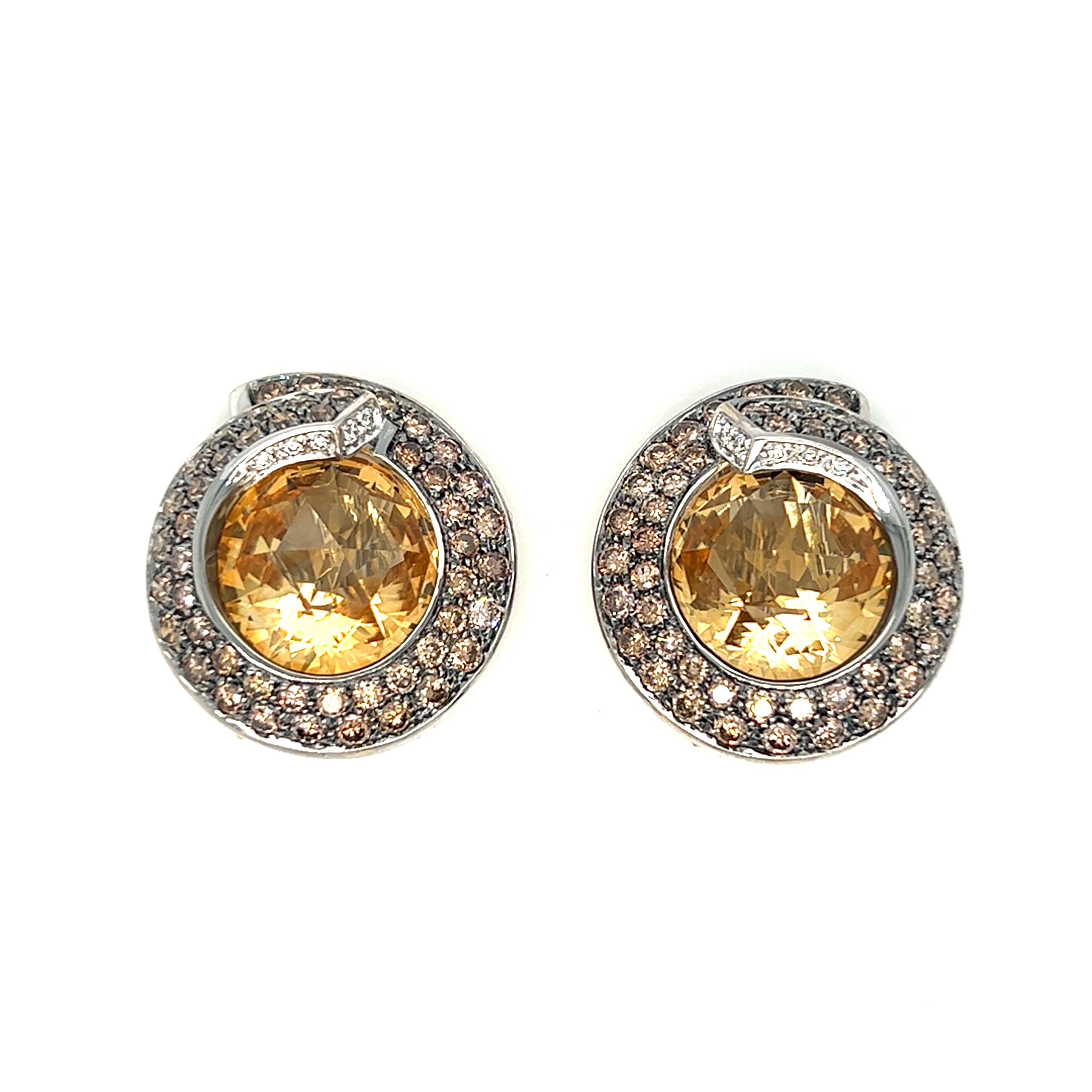 Round Cut Mangiarotti Citrine and Cognac Colored Diamond Halo Earrings 18k Gold For Sale