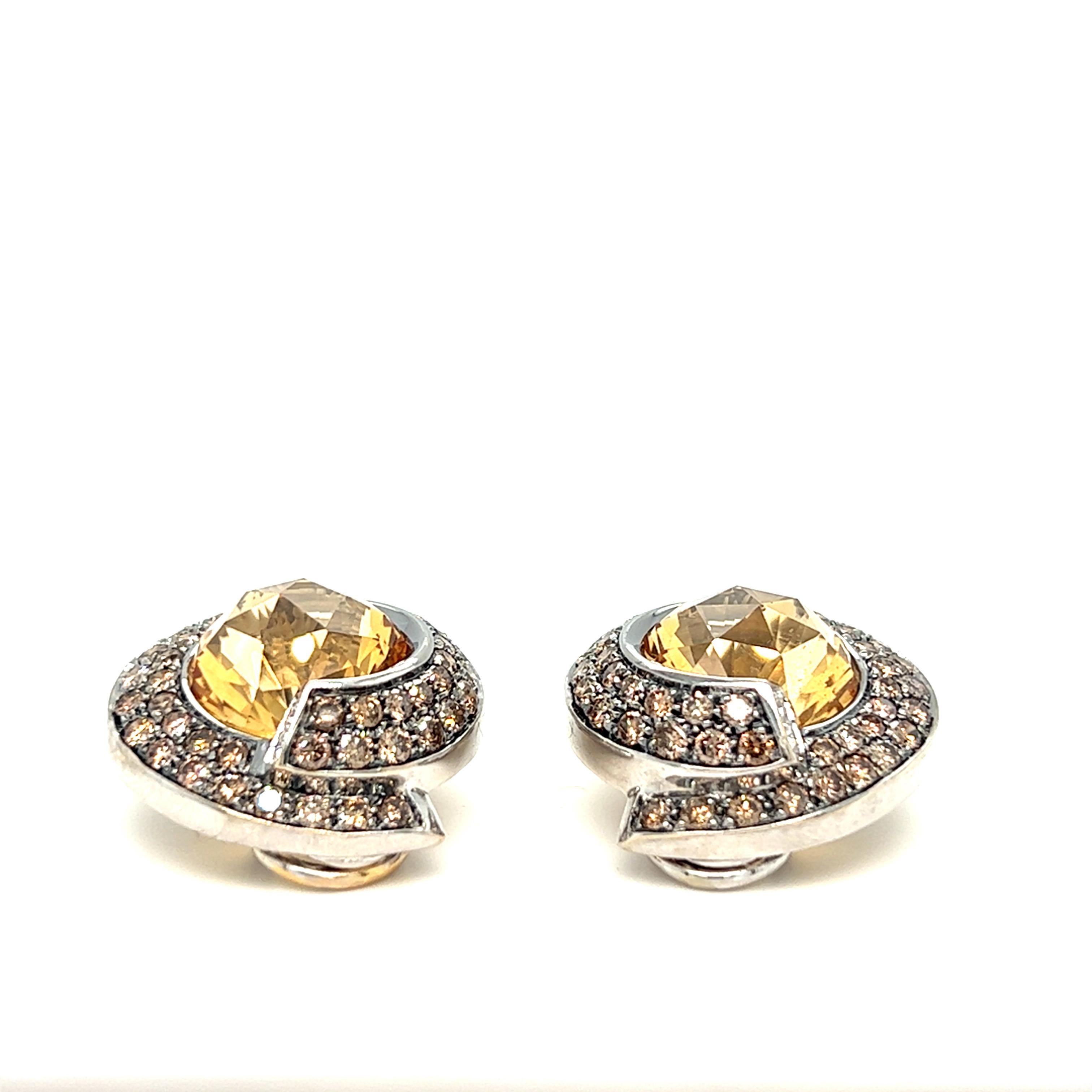 Women's Mangiarotti Citrine and Cognac Colored Diamond Halo Earrings 18k Gold For Sale