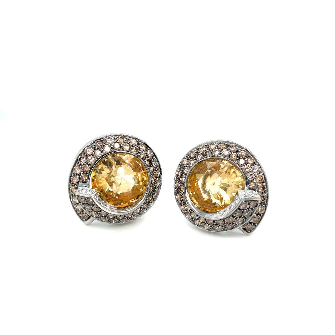 Mangiarotti Citrine and Cognac Colored Diamond Halo Earrings 18k Gold For Sale 1