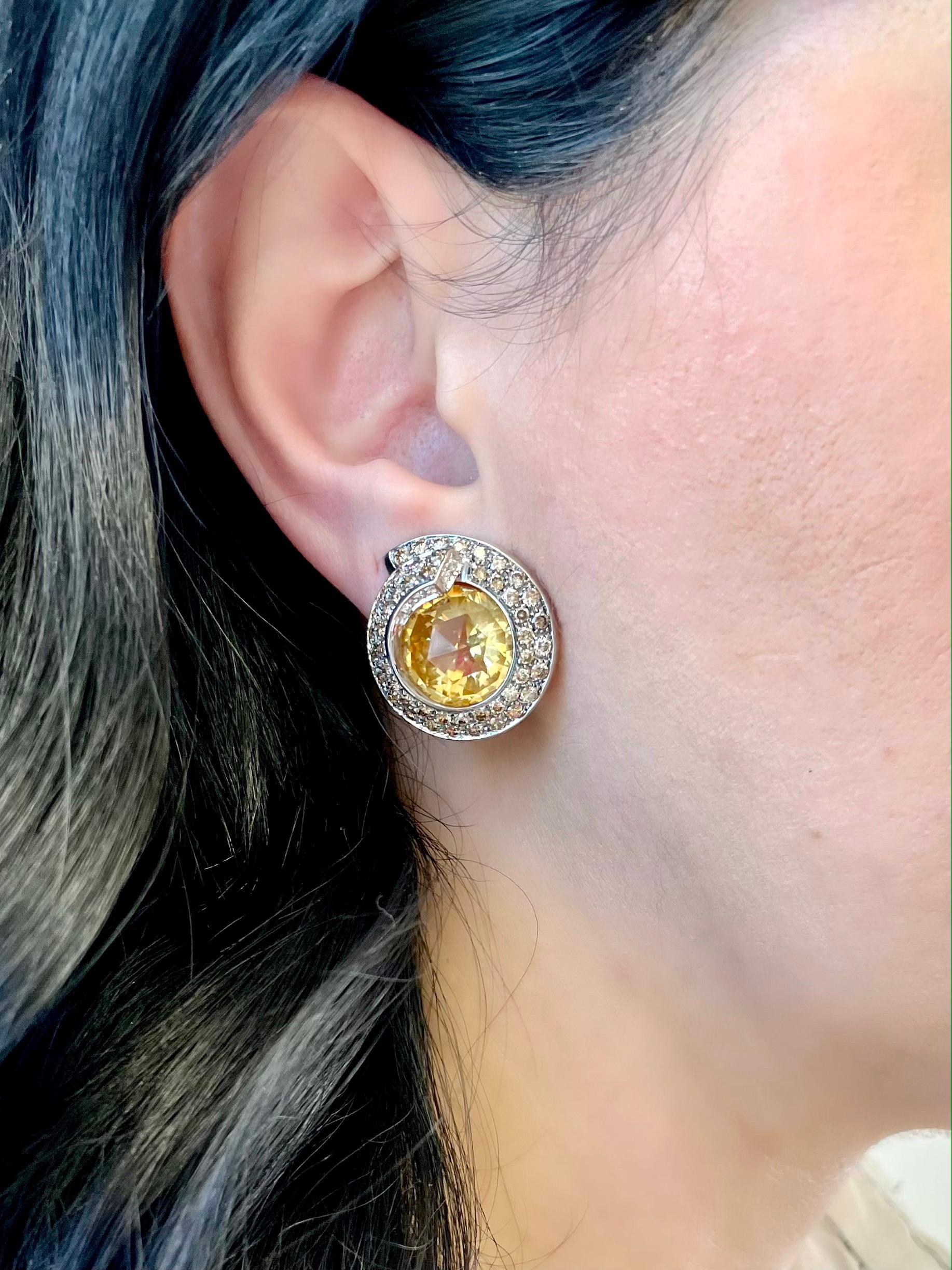 Mangiarotti Citrine and Cognac Colored Diamond Halo Earrings 18k Gold For Sale 2