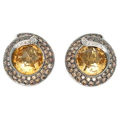 Mangiarotti Citrine and Cognac Colored Diamond Halo Earrings 18k Gold