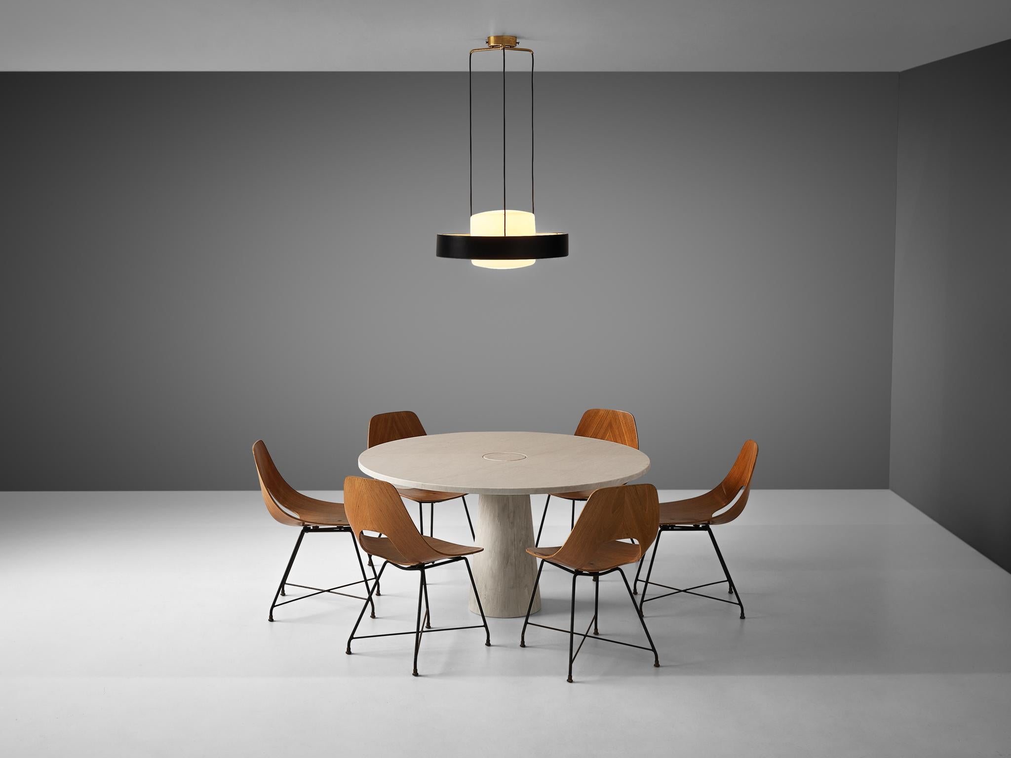 Angelo Mangiarotti, pedestal dining table, marble, Italy, 1970s
This architectural table is a skillful example of Postmodern design by Angelo Mangiarotti. The circular table features no joints or clamps and is architectural in its structure