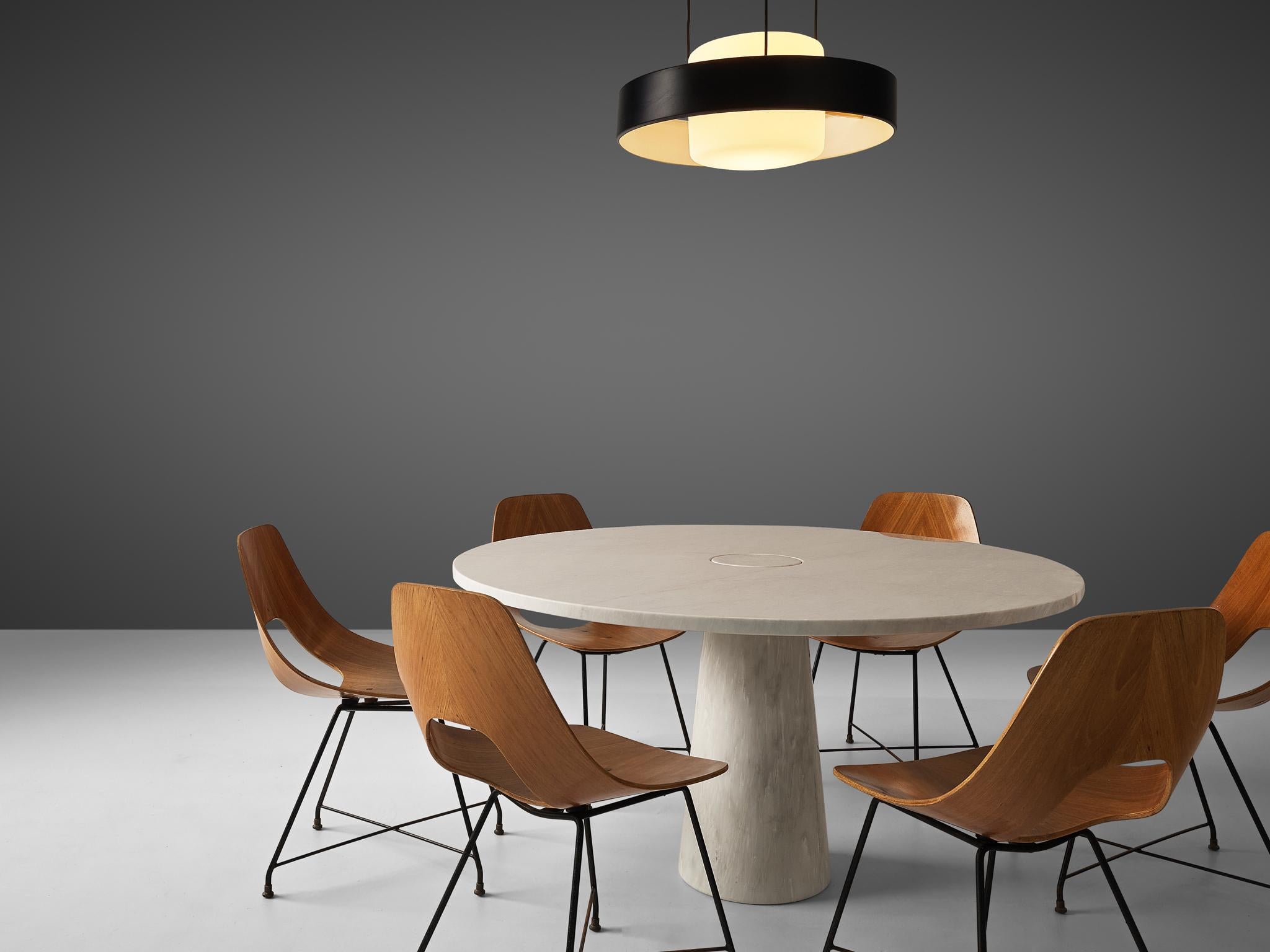 Italian Mangiarotti ‘Eros’ Marble Table with Bozzi ‘Ariston’ Chairs and Stilnovo Lamp
