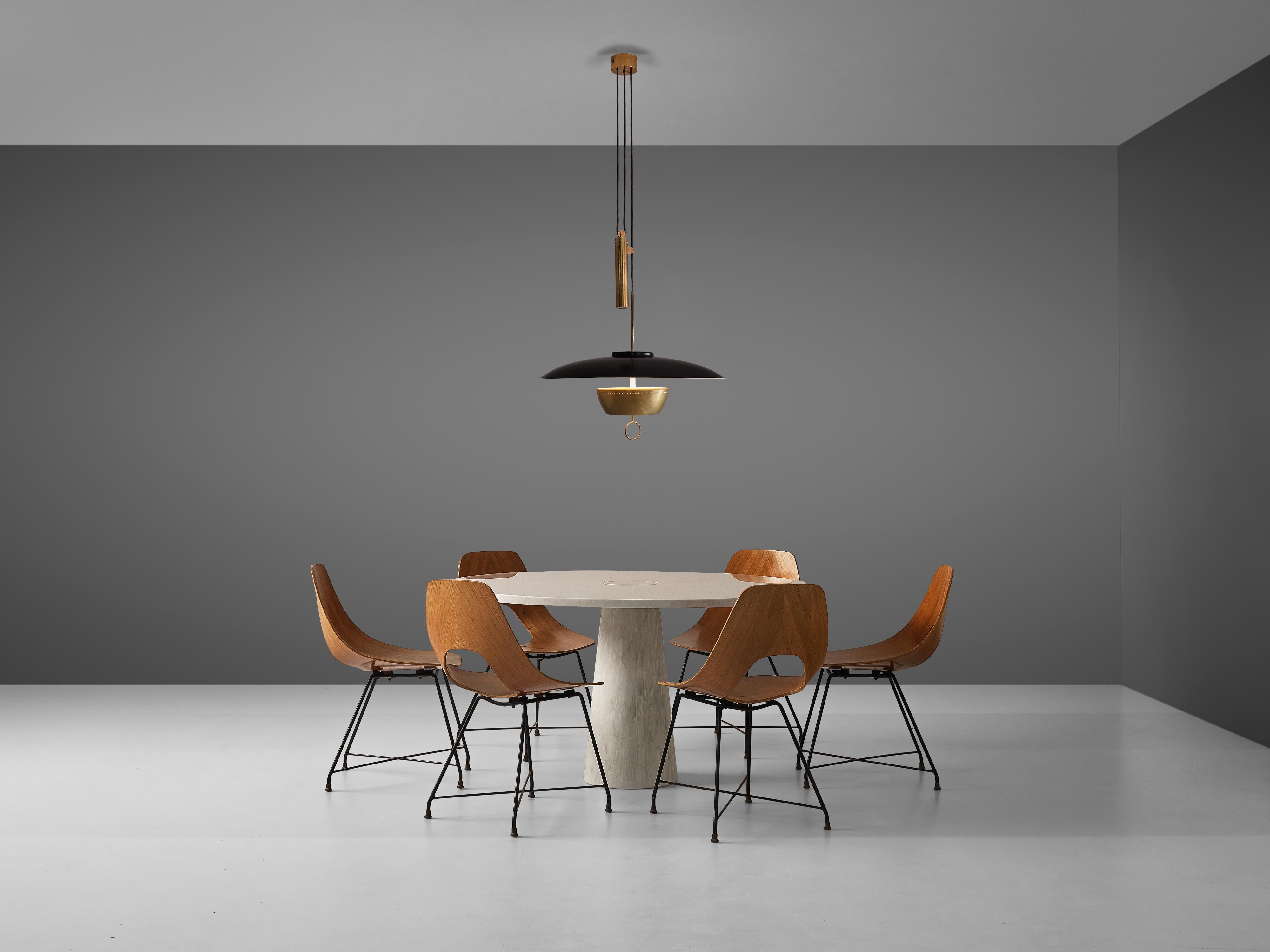 Italian Mangiarotti ‘Eros’ Marble Table with Bozzi ‘Ariston’ Chairs and Stilnovo Lamp