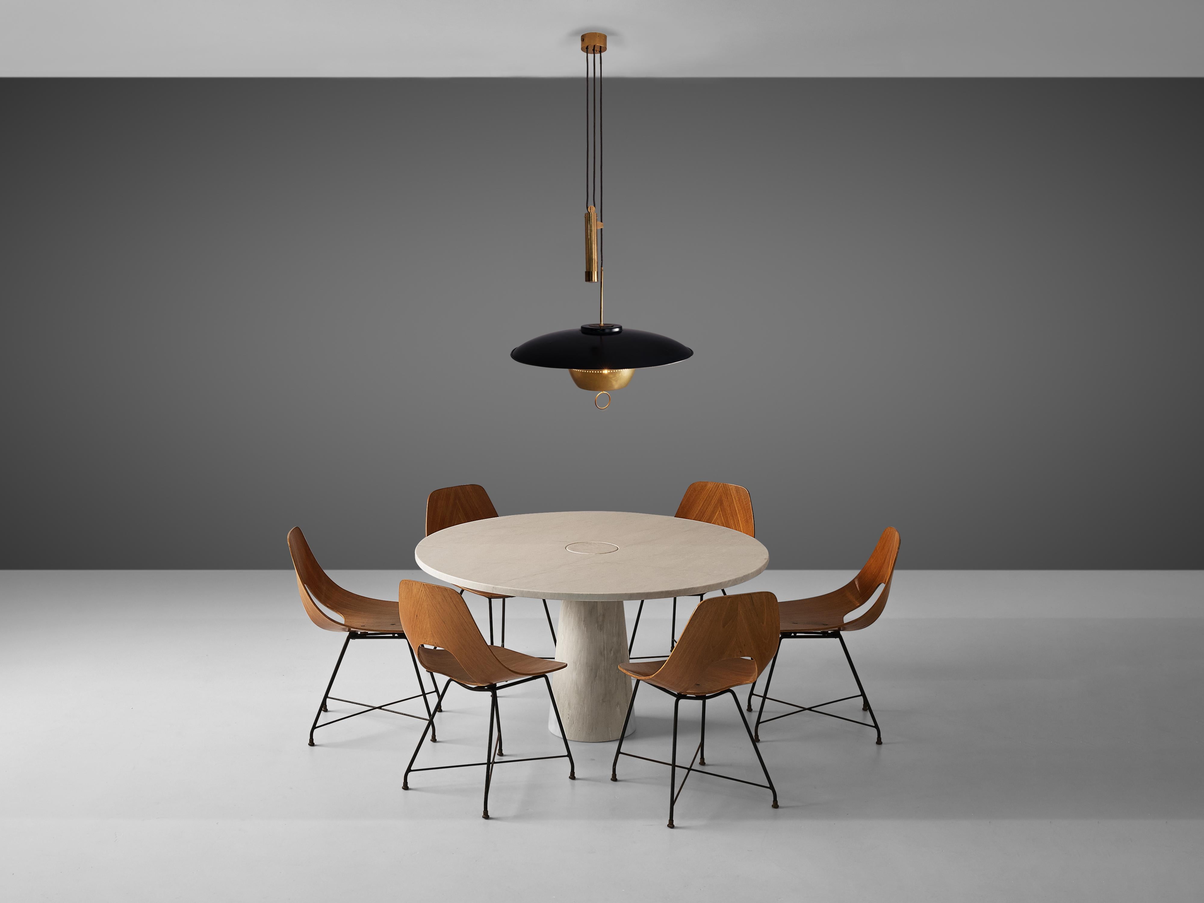 Metal Mangiarotti ‘Eros’ Marble Table with Bozzi ‘Ariston’ Chairs and Stilnovo Lamp