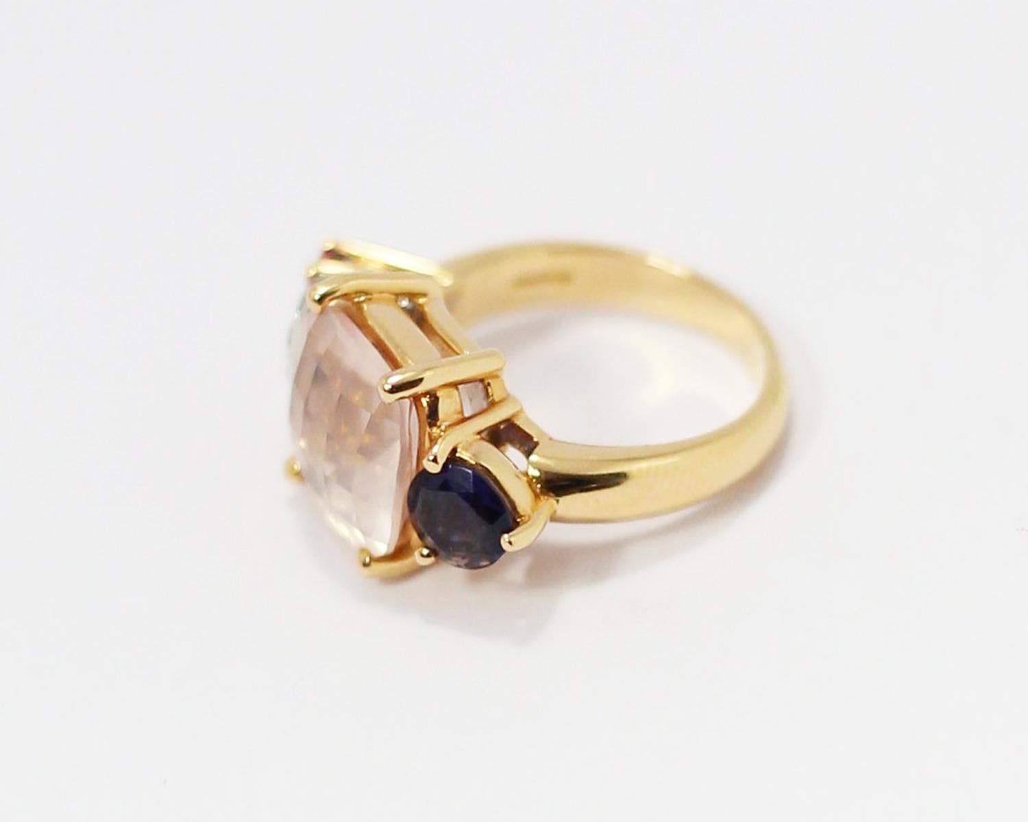 Contemporary Mangiarotti Moonstone, Sapphire, Pink Tourmaline Ring in 18kt Gold and Diamonds