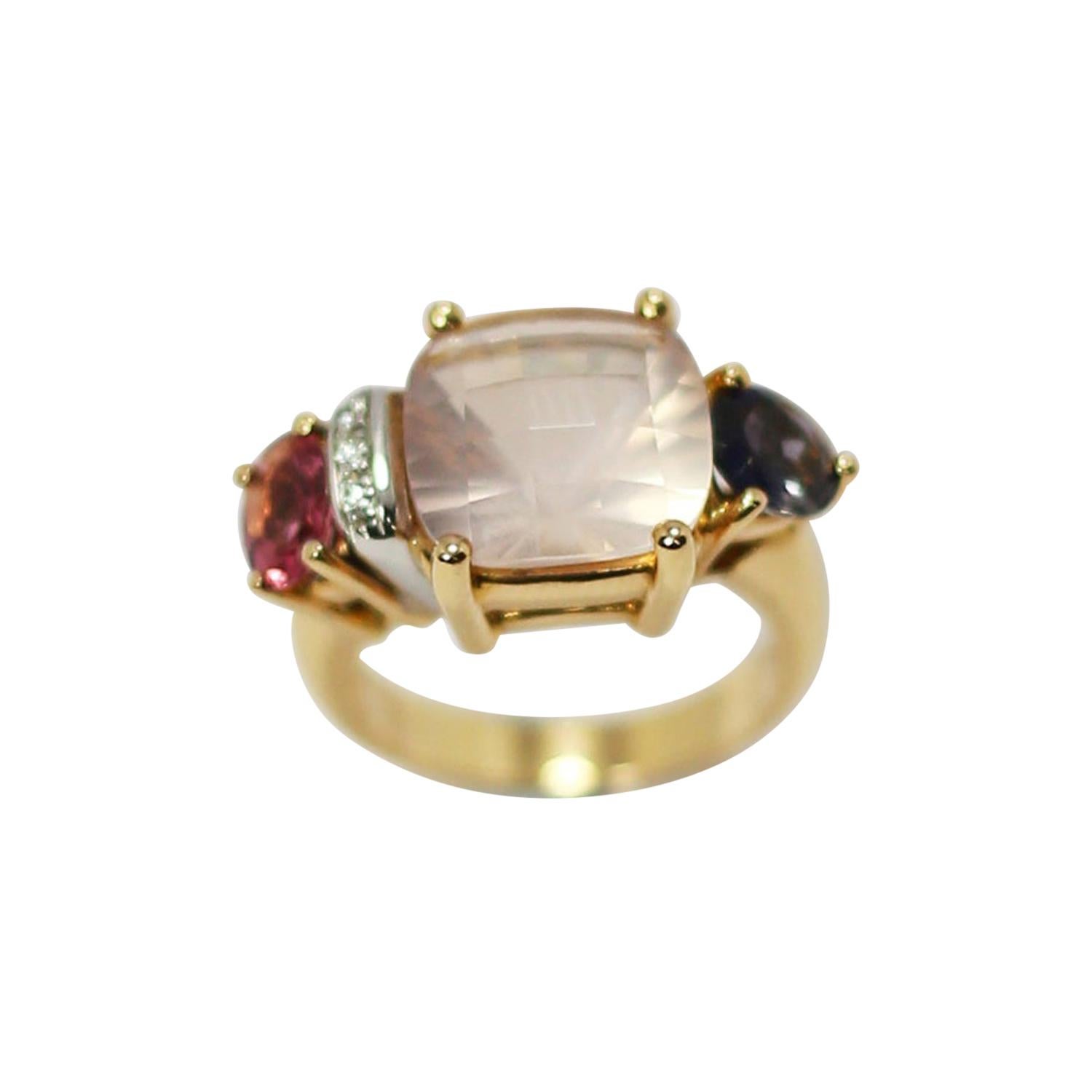 Mangiarotti Moonstone, Sapphire, Pink Tourmaline Ring in 18kt Gold and Diamonds