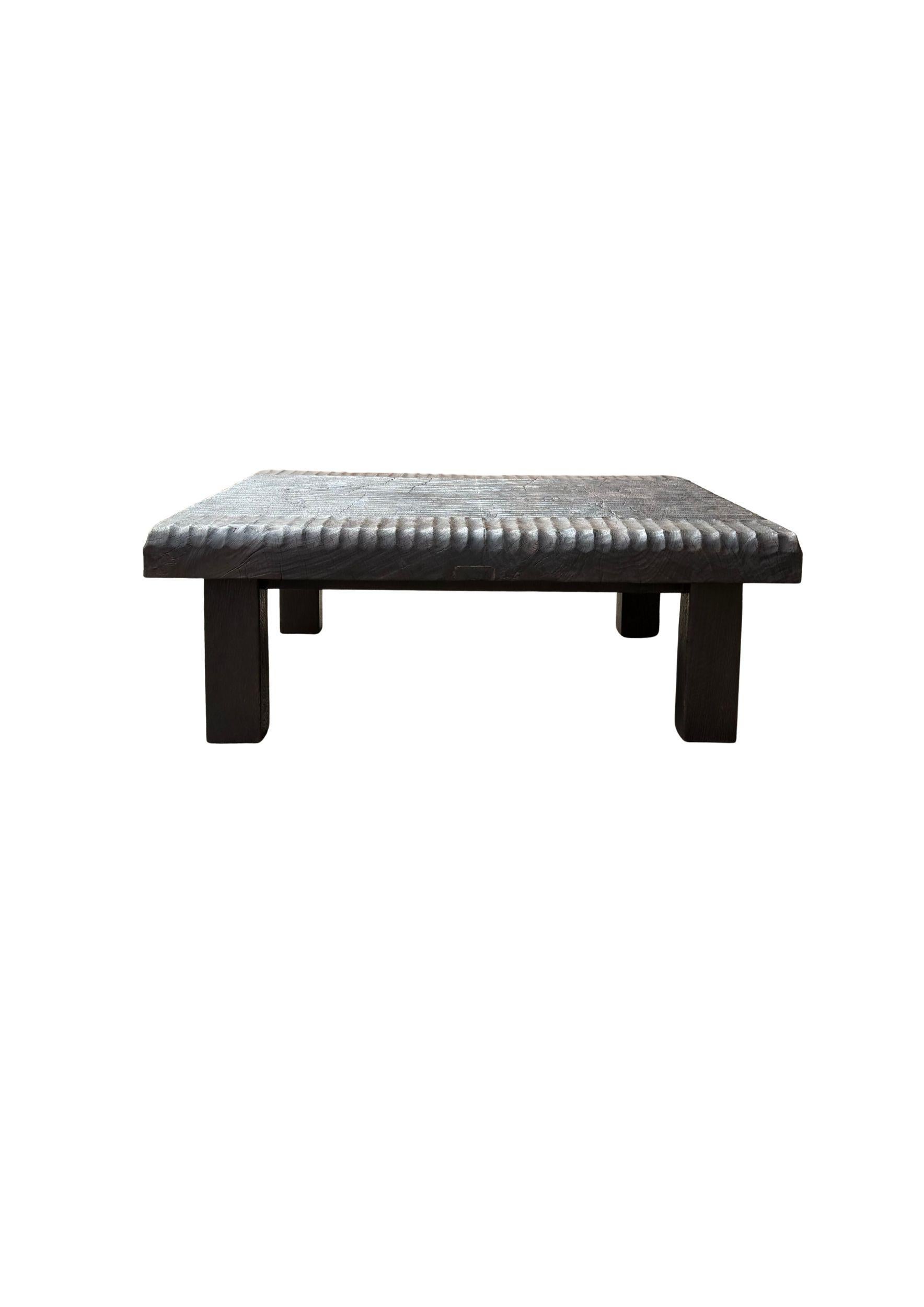 Hand-Crafted Mango Wood Table Hand-Hewn Detailing Espresso Finish, Modern Organic For Sale