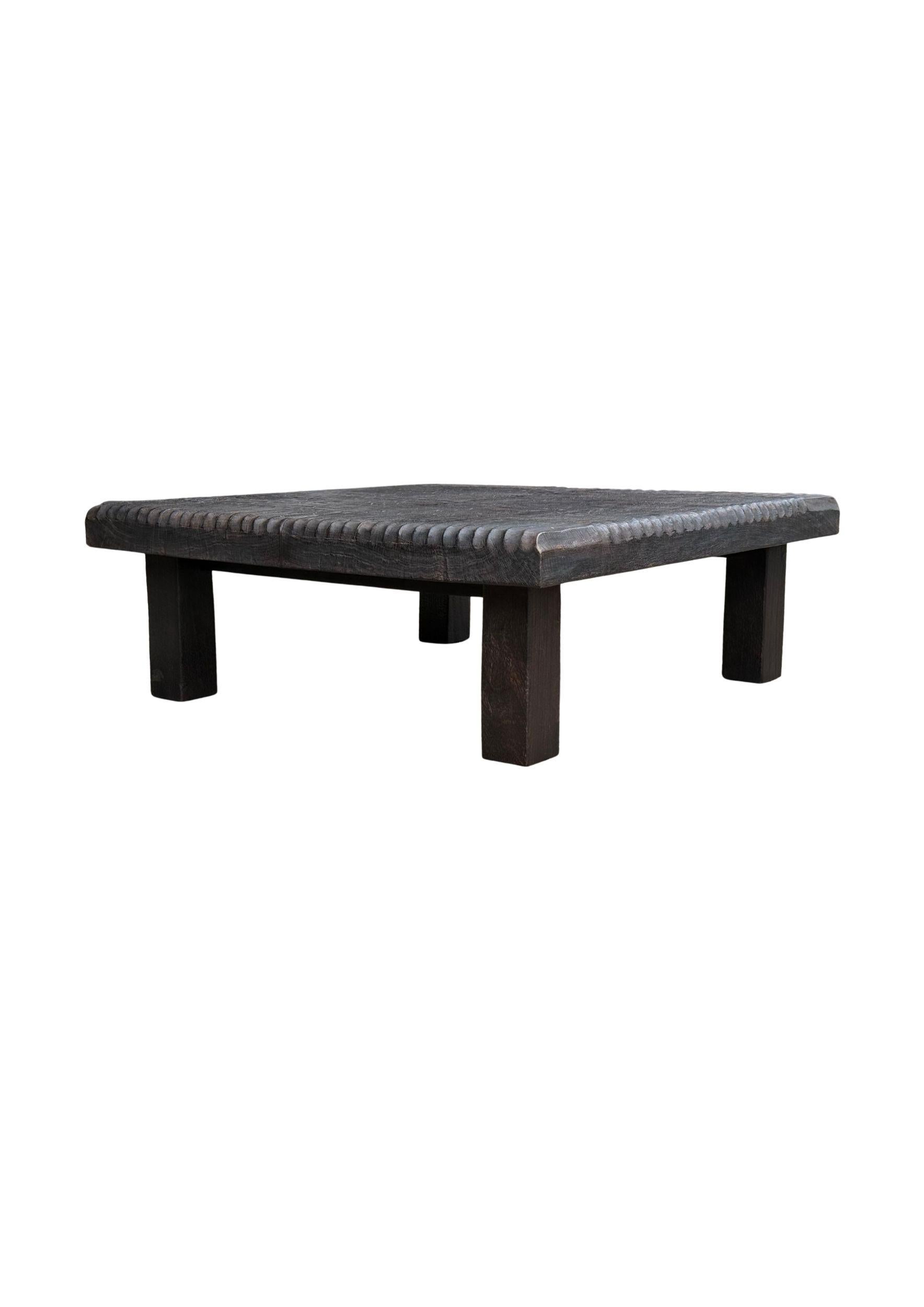 Mango Wood Table Hand-Hewn Detailing Espresso Finish, Modern Organic For Sale 1