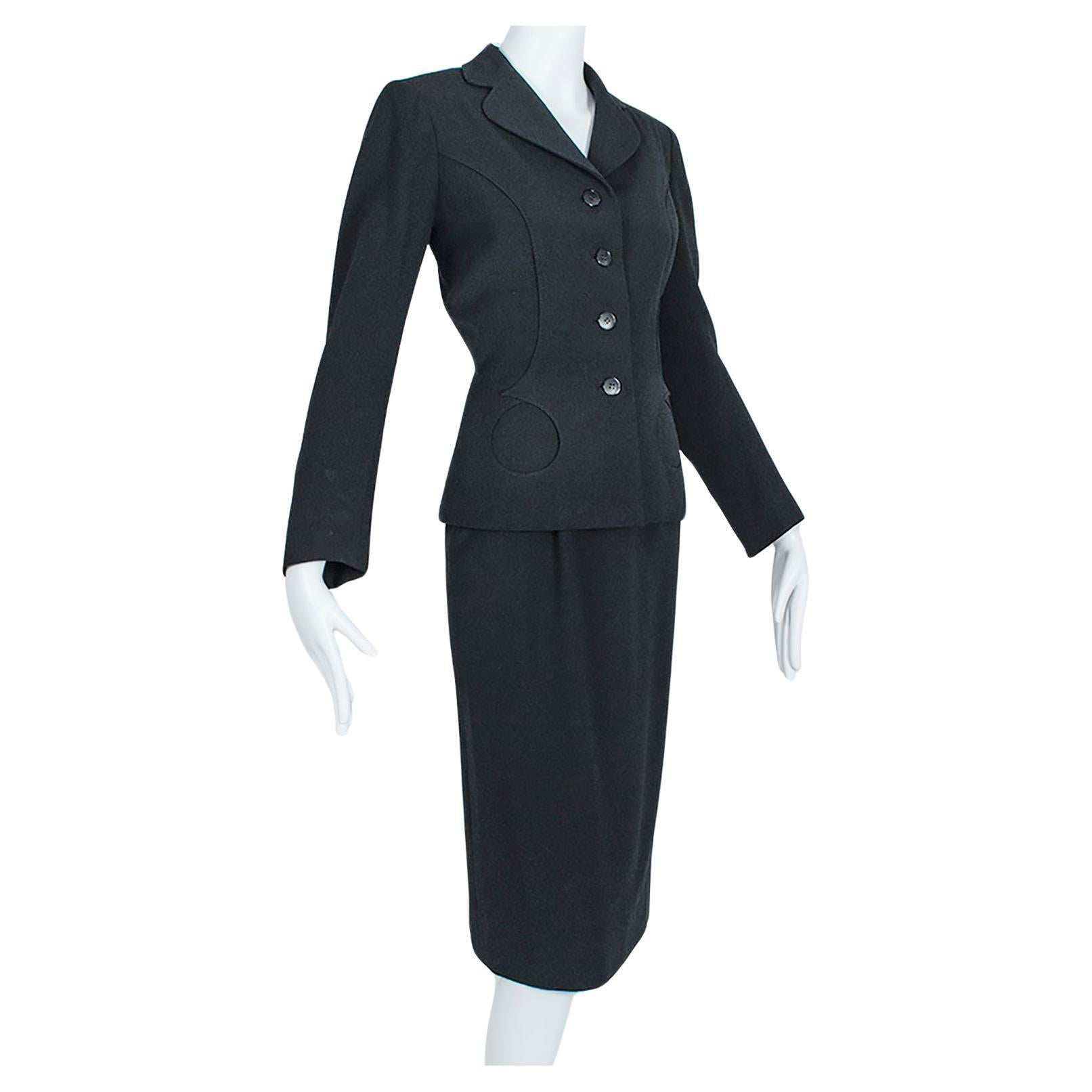 Mangone Black Deco Cutout Seam WWII Pencil Suit - M, 1940s For Sale