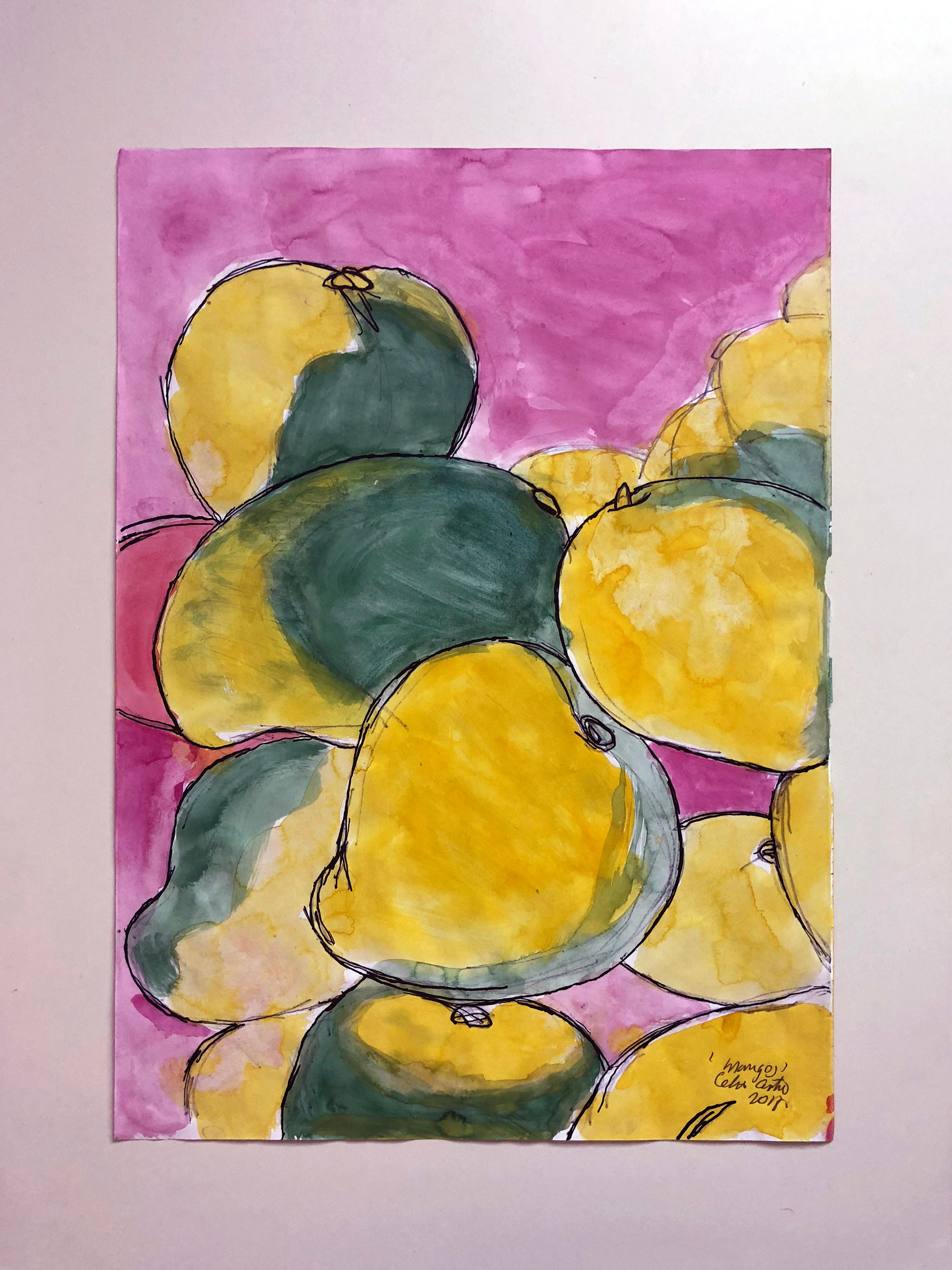 Hand-Painted Mangos (B2), Watercolor and Ink on Archival Paper, Diptych, 2018