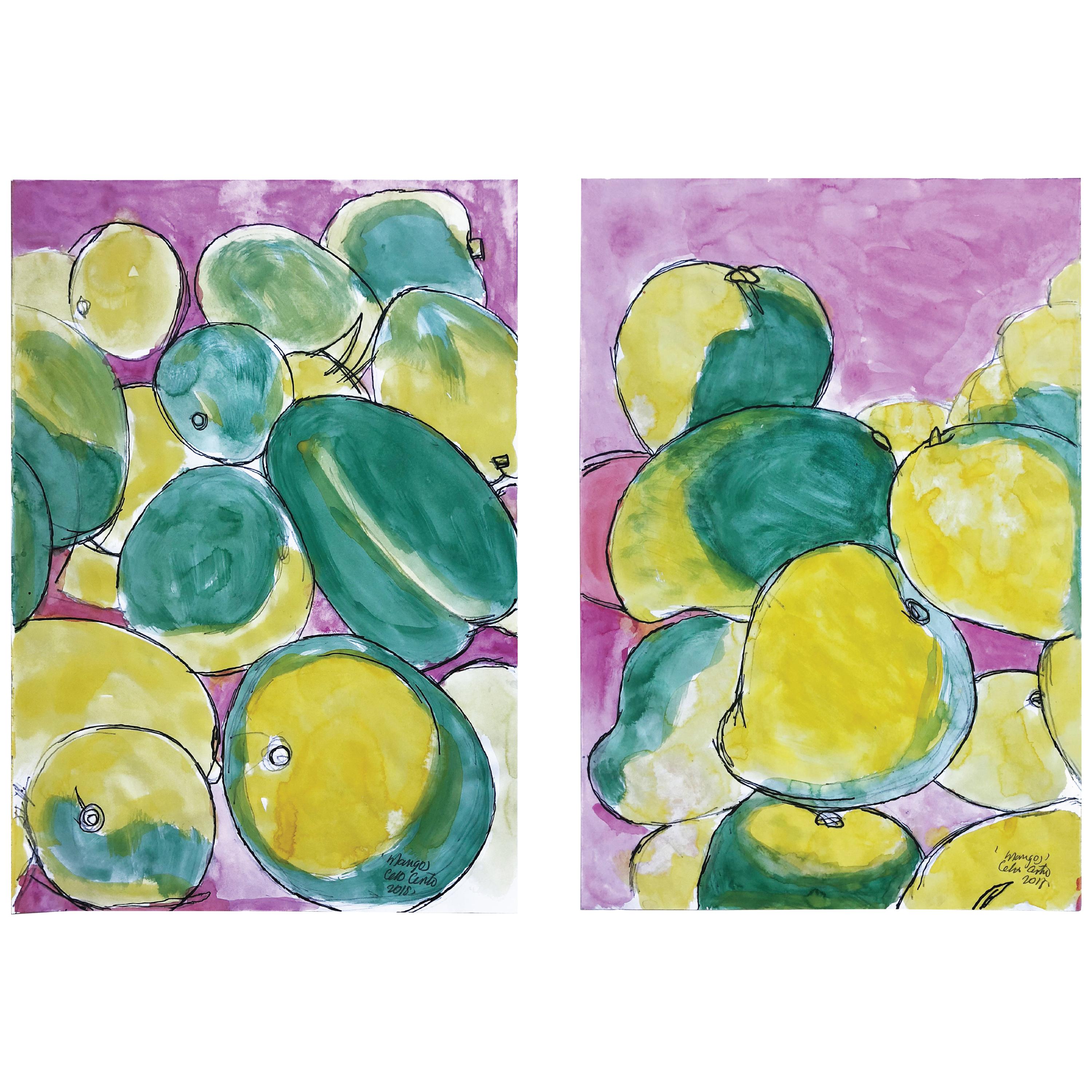 Mangos (B2), Watercolor and Ink on Archival Paper, Diptych, 2018