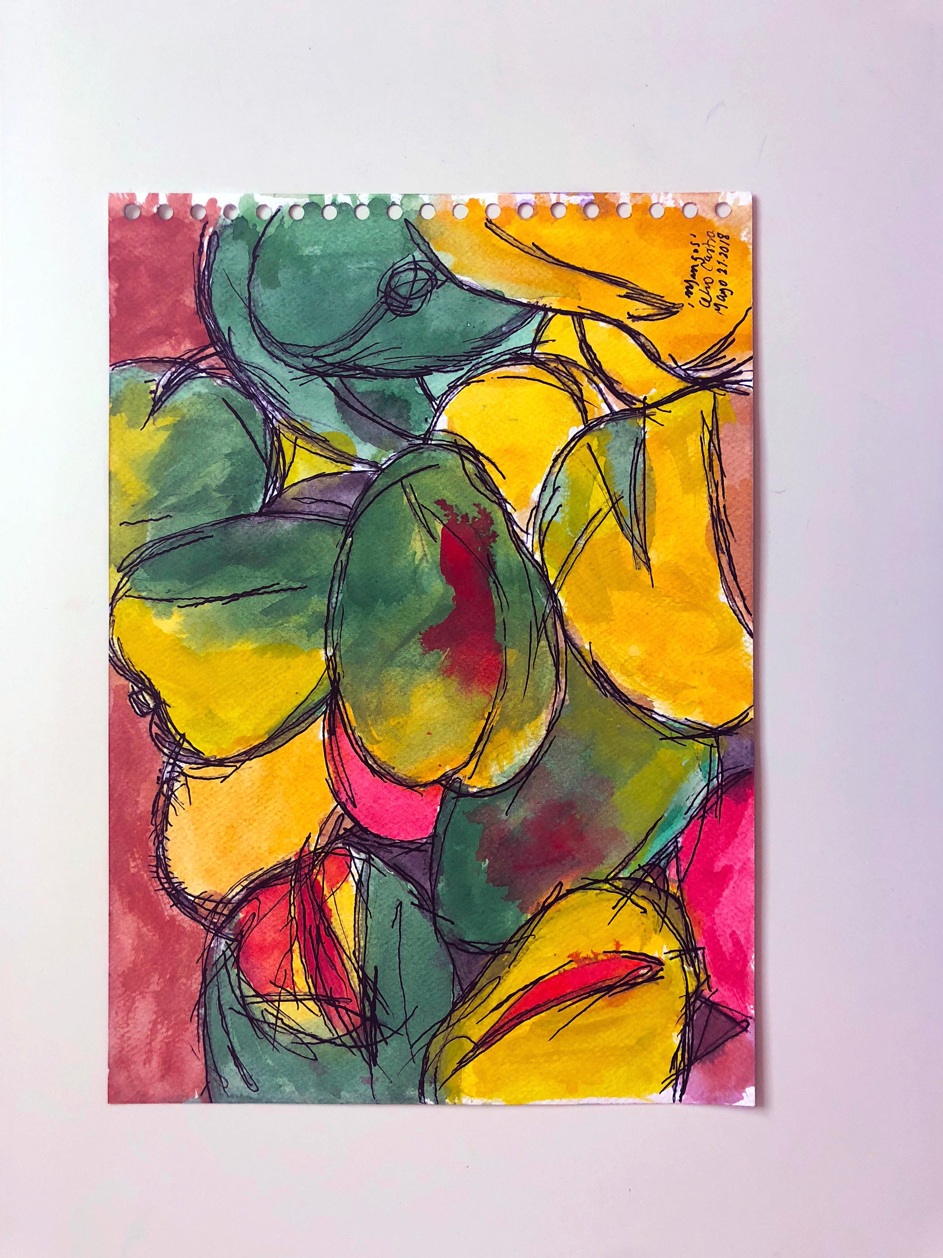 Hand-Painted Mangos 'D3', Watercolor and Ink on Archival Paper, Triptych, 2018