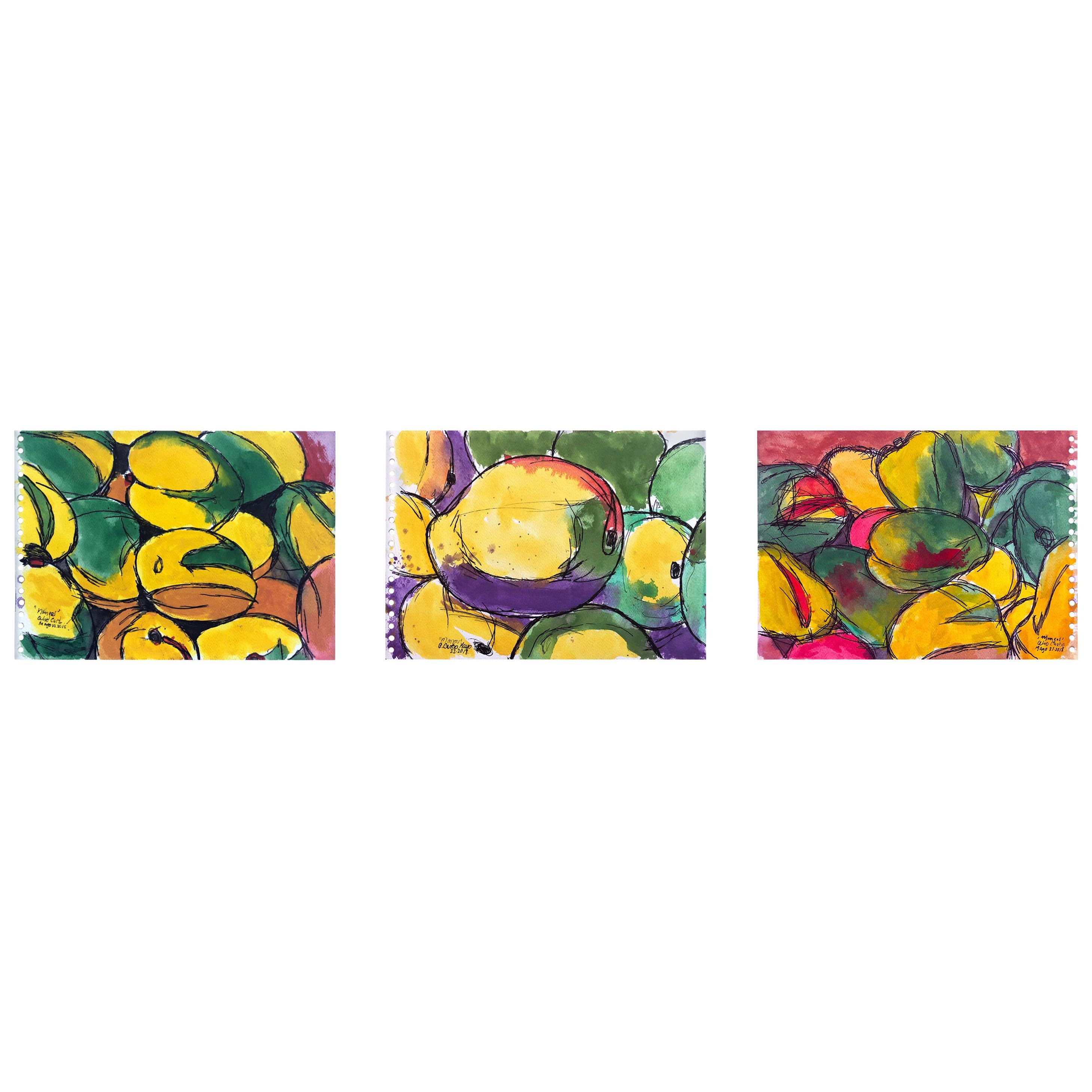 Mangos 'D3', Watercolor and Ink on Archival Paper, Triptych, 2018