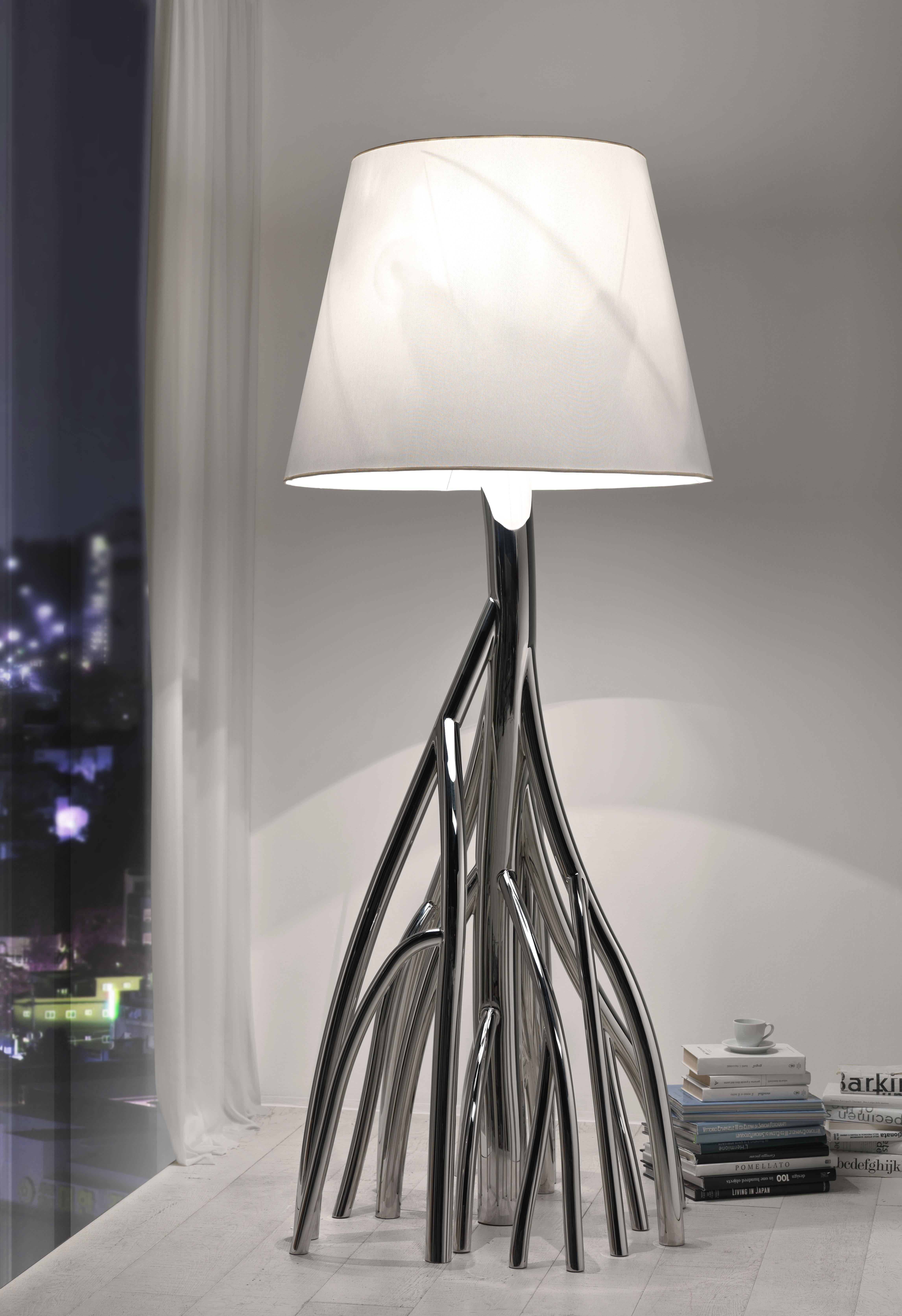 Lampada da terra Mangrovia in acciaio inox lucido e lino di Barberini & Gunnell in vendita 1