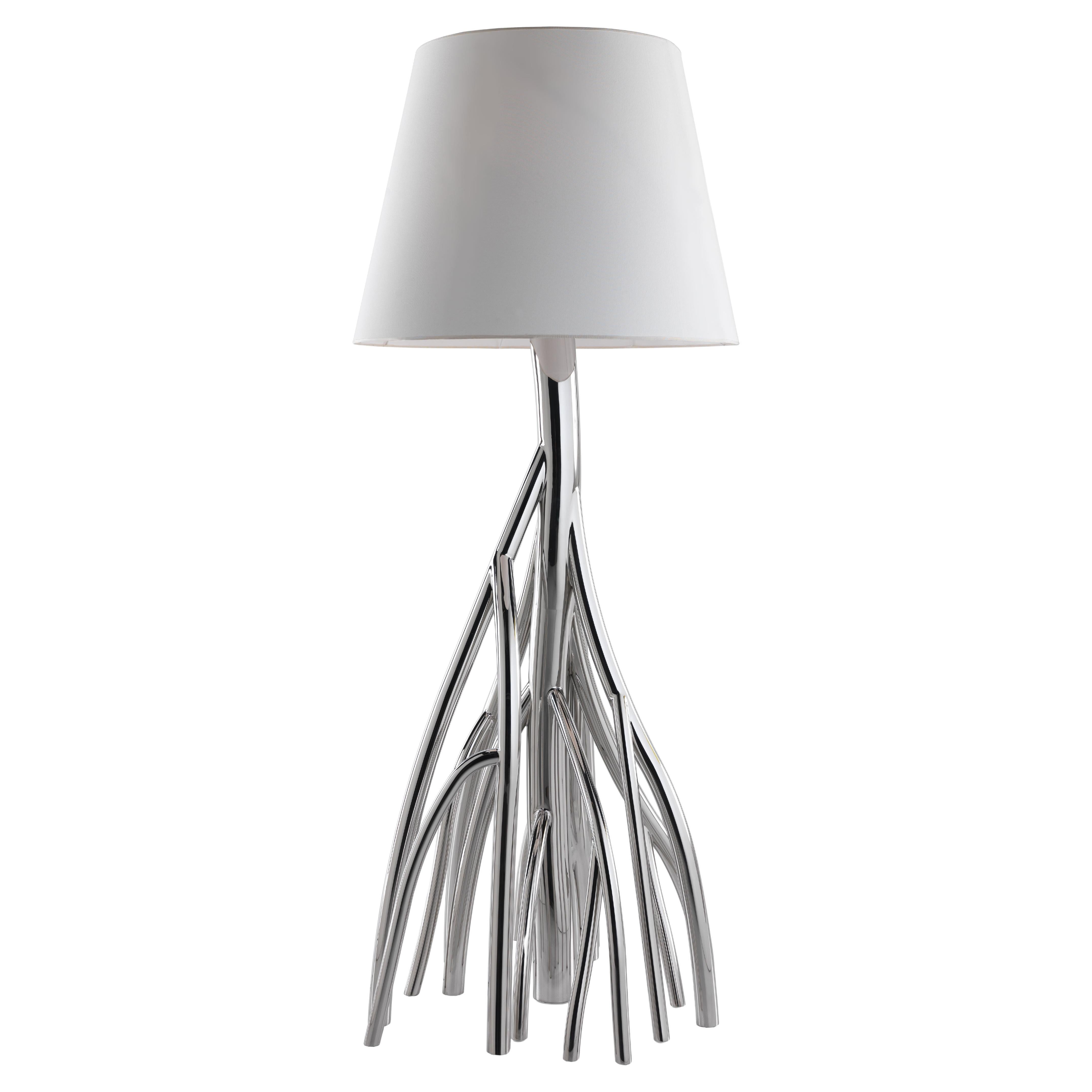 Lampada da terra Mangrovia in acciaio inox lucido e lino di Barberini & Gunnell in vendita