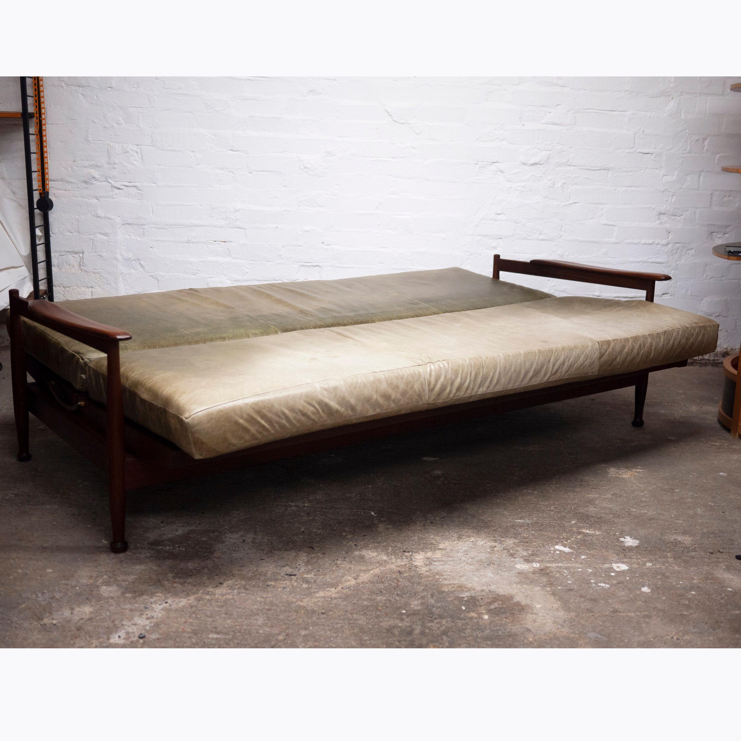 Mid-Century Modern Manhattan Afromosia and Green Leather Sofa Bed by Guy Rogers, 1960s For Sale