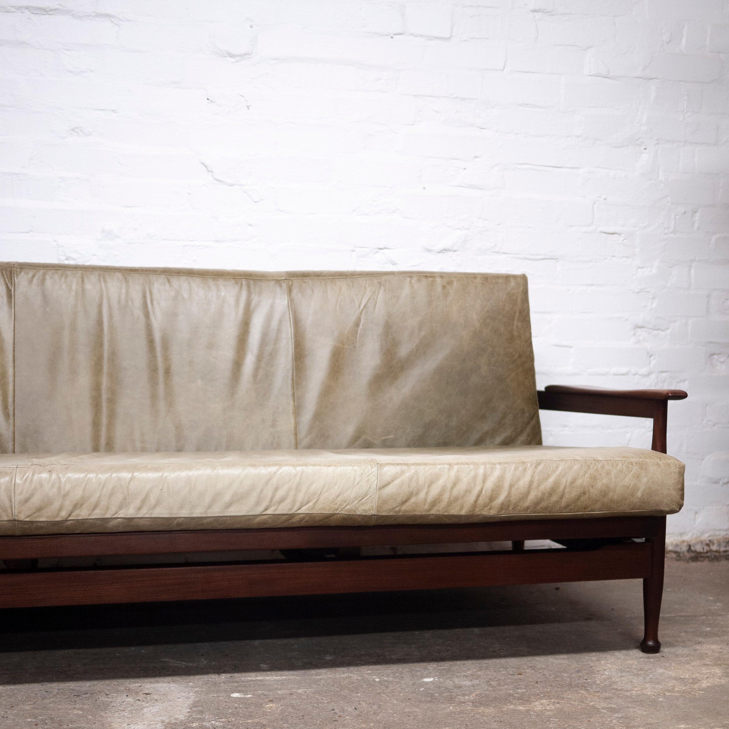 British Manhattan Afromosia and Green Leather Sofa Bed by Guy Rogers, 1960s For Sale