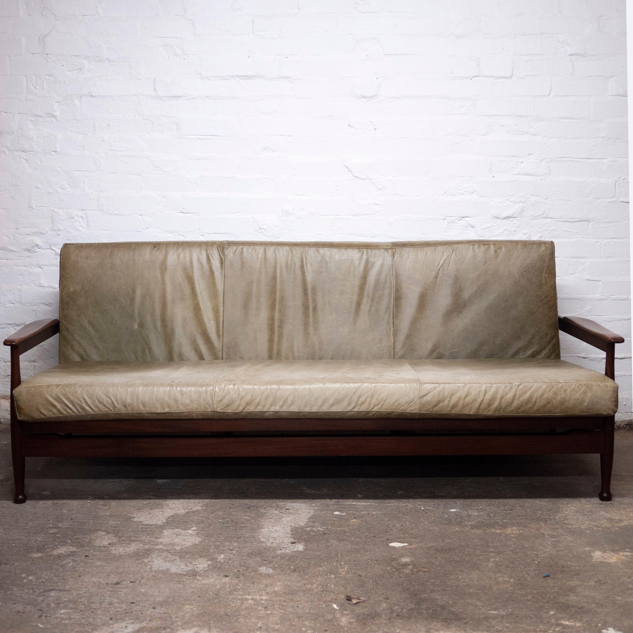 Manhattan Afromosia and Green Leather Sofa Bed by Guy Rogers, 1960s In Good Condition For Sale In Chesham, GB