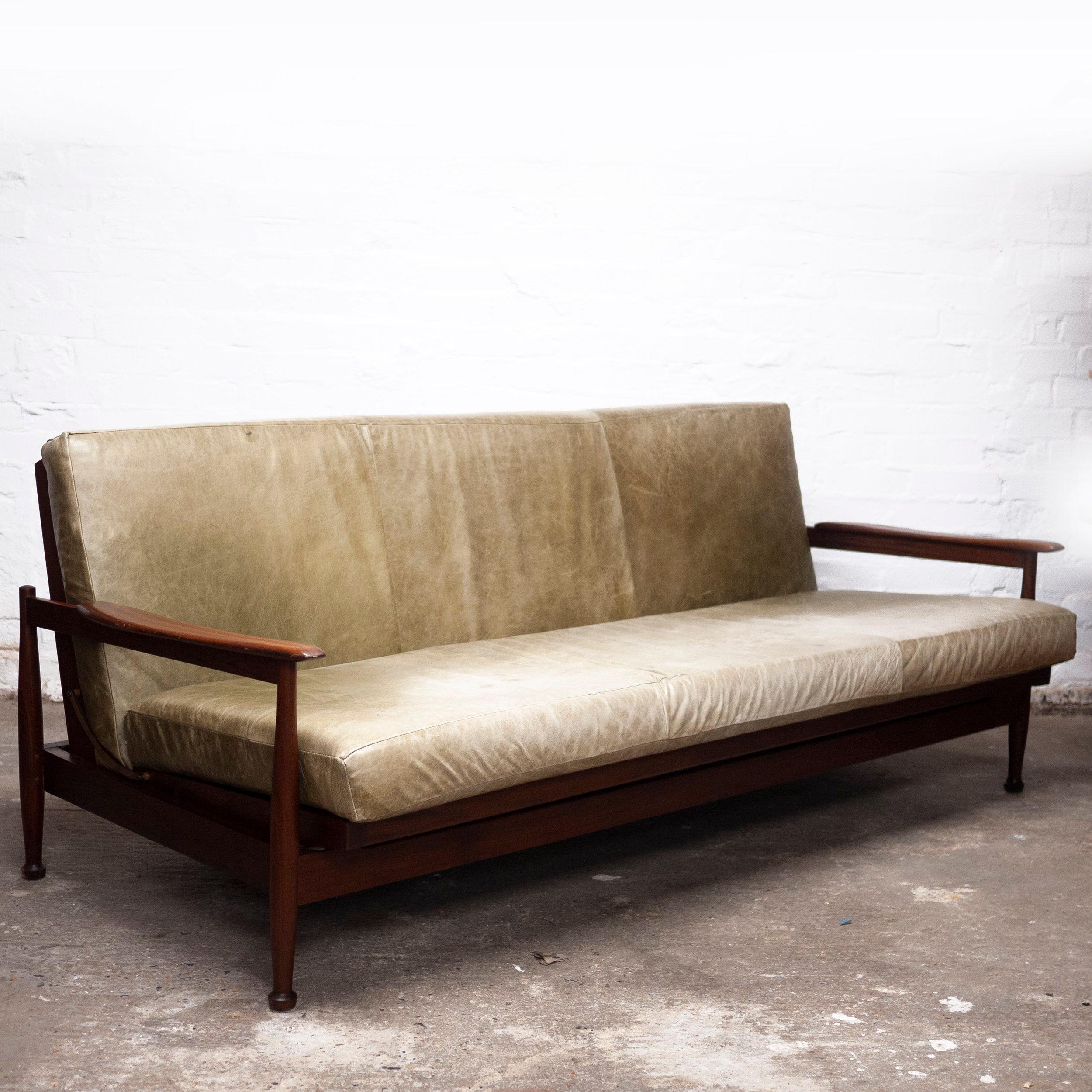 Mid-20th Century Manhattan Afromosia and Green Leather Sofa Bed by Guy Rogers, 1960s For Sale