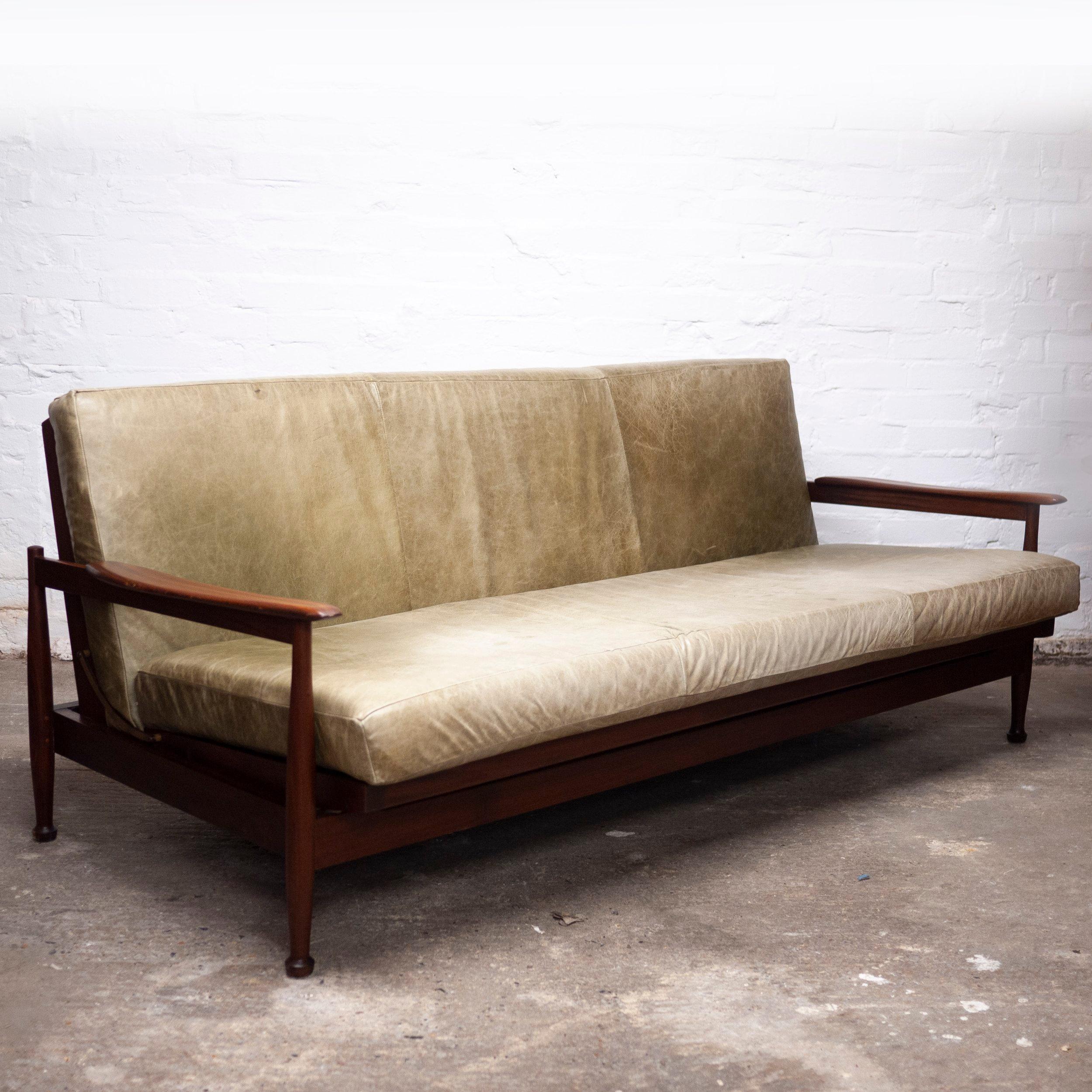 Manhattan Afromosia and Green Leather Sofa Bed by Guy Rogers, 1960s For Sale 1