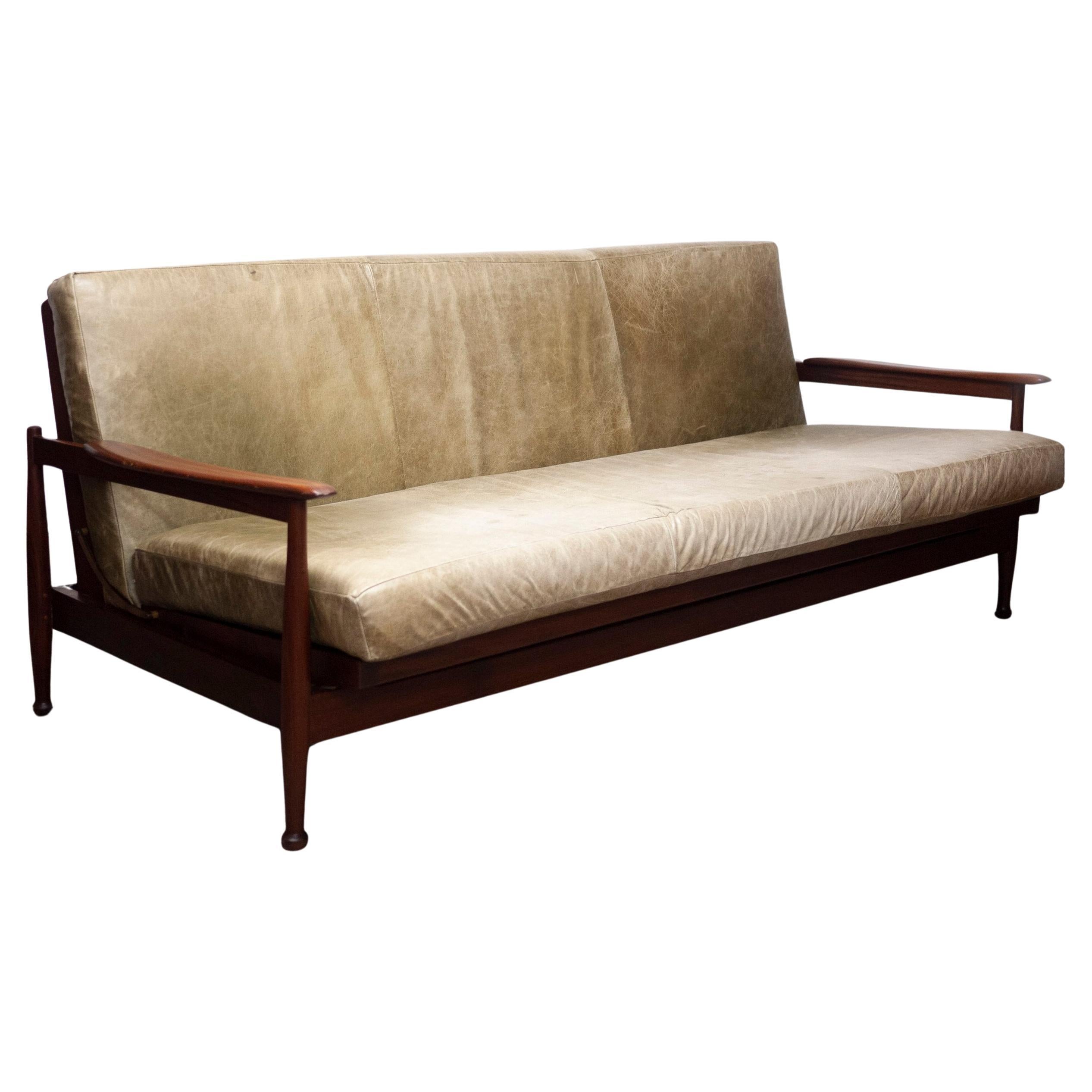 Manhattan Afromosia and Green Leather Sofa Bed by Guy Rogers, 1960s For Sale