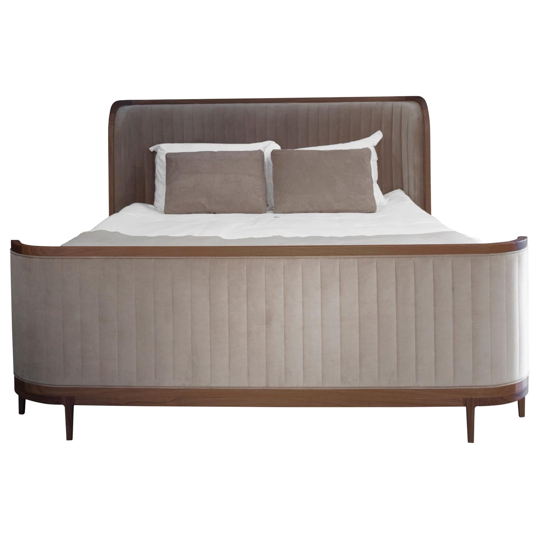 Manhattan Bed, Fully Upholstered in Cream Velvet and Walnut Frame Bed For Sale
