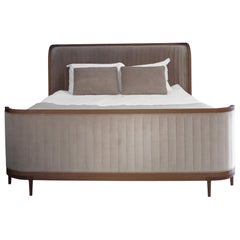 Manhattan Bed, Fully Upholstered in Cream Velvet and Walnut Frame Bed