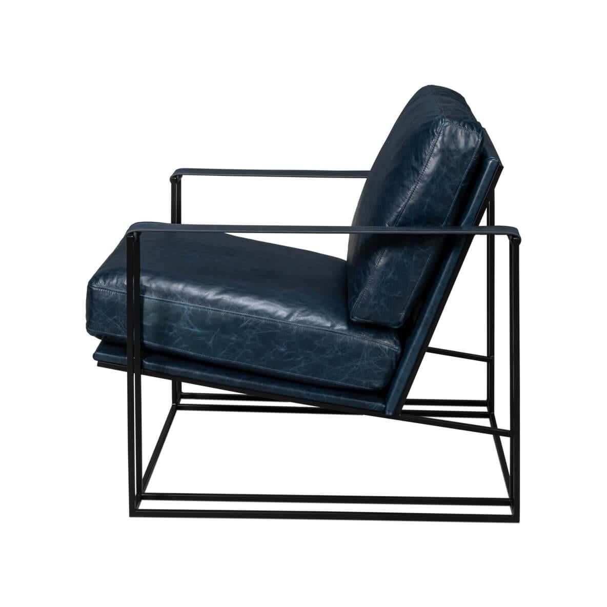 Upholstered in top-grade Chateau Blue leather, this chair is a statement piece that adds a modern touch to any space. Its unique double iron frame not only provides robust support but also contributes to its sleek and stylish look.

With dimensions