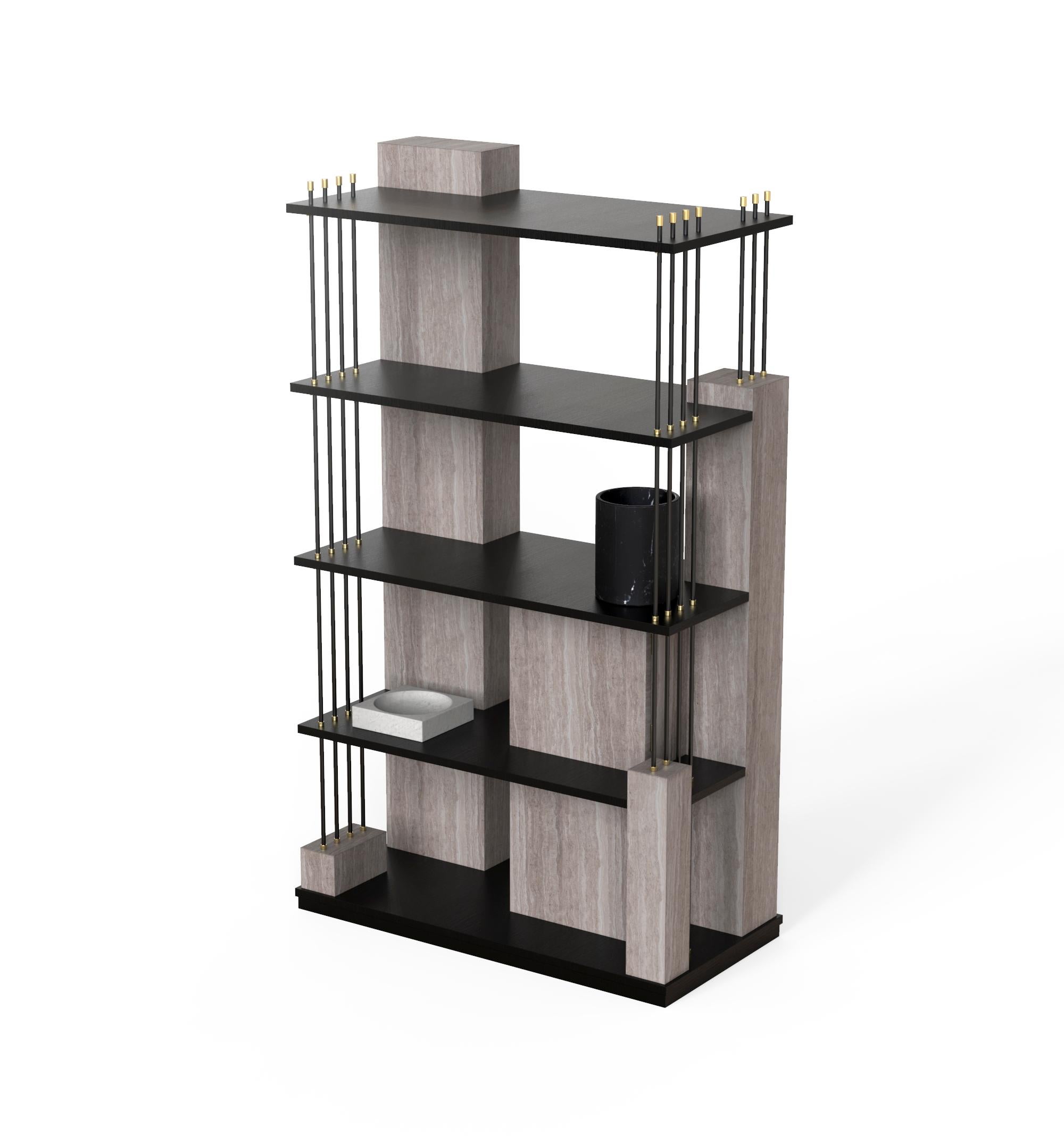 Manhattan bookcase by Marmi Serafini
Materials: Oak Grey marble, wood, brass, metal.
Dimensions: D 50 x W 102 x H 175 cm
Available in other marbles.

As the famous New York skyline, this elegant shelves bookcase is made up by model sized marble