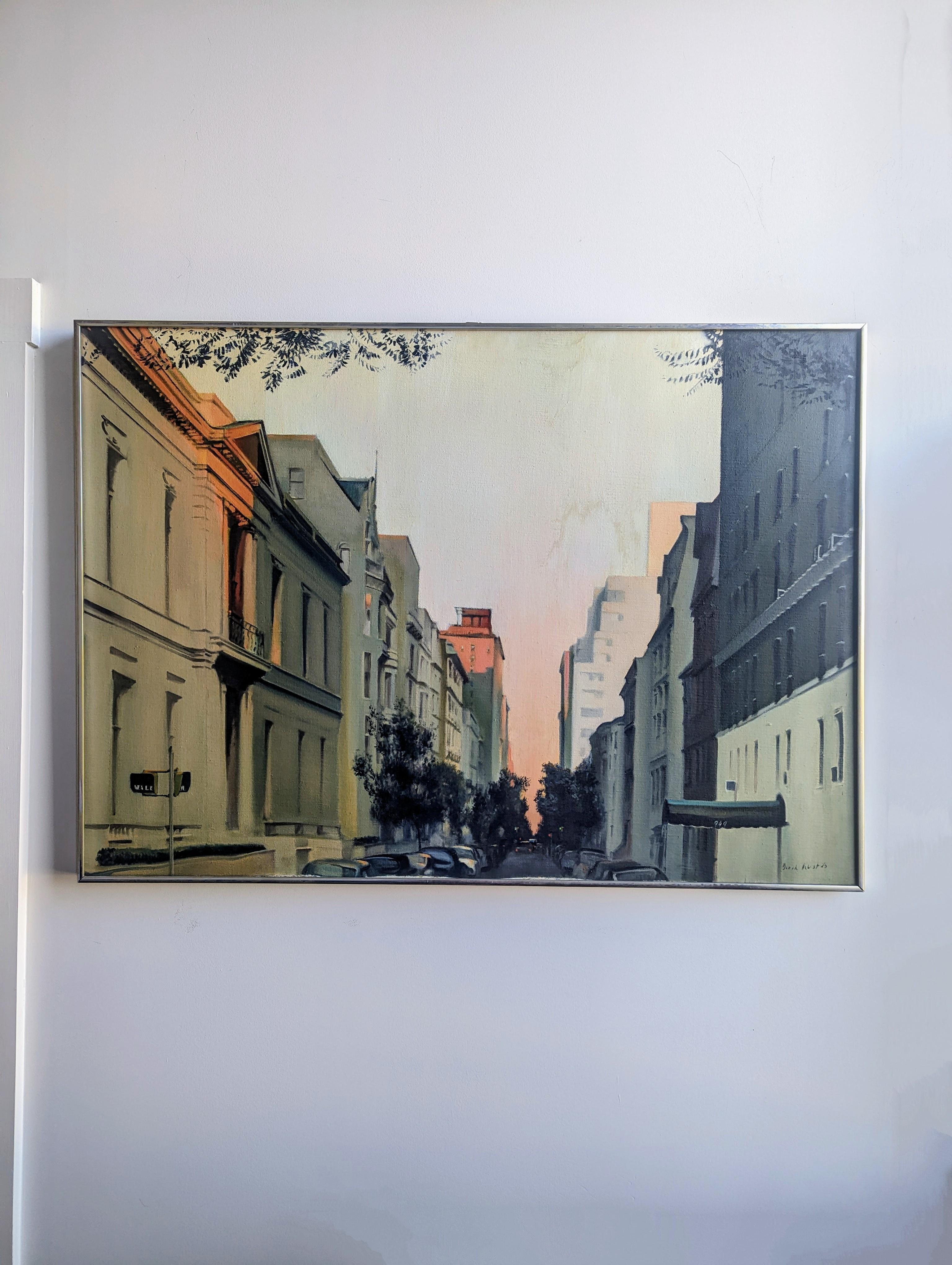 Oil on canvas painting depicting East 78th St in the upper East Side of Manhattan in New York City. James B. Duke House is noted on the left. Gorgeous depiction of the sun's touch and cool blue sky reflecting off the urban landscape. A cityscape