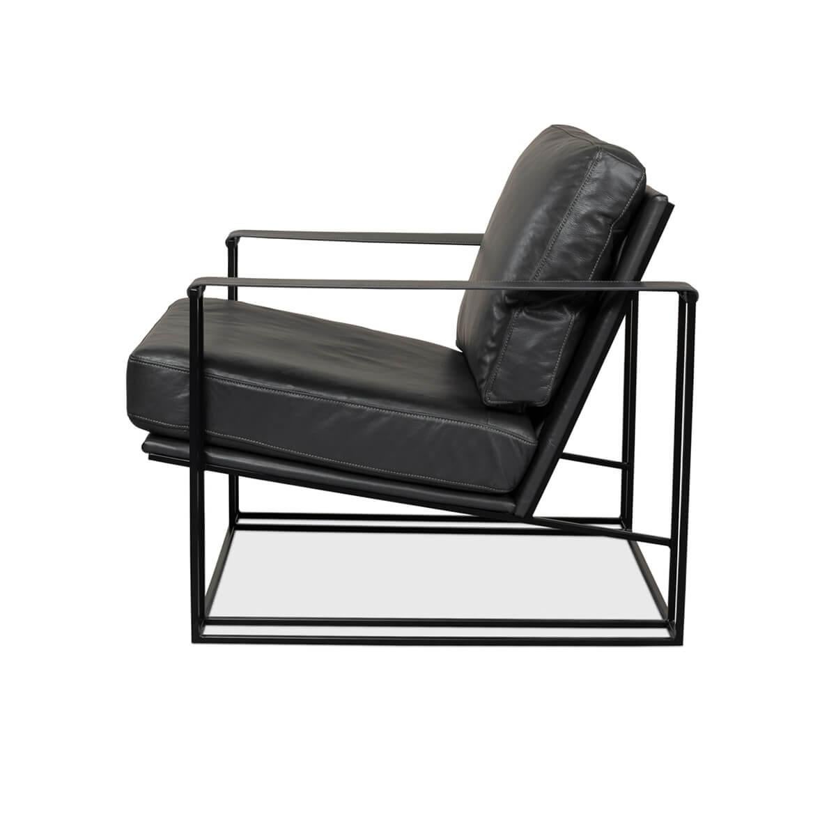 Manhattan leather armchair, dark grey contemporary top-grade leather with an unusual double iron frame. 

Dimensions: 30