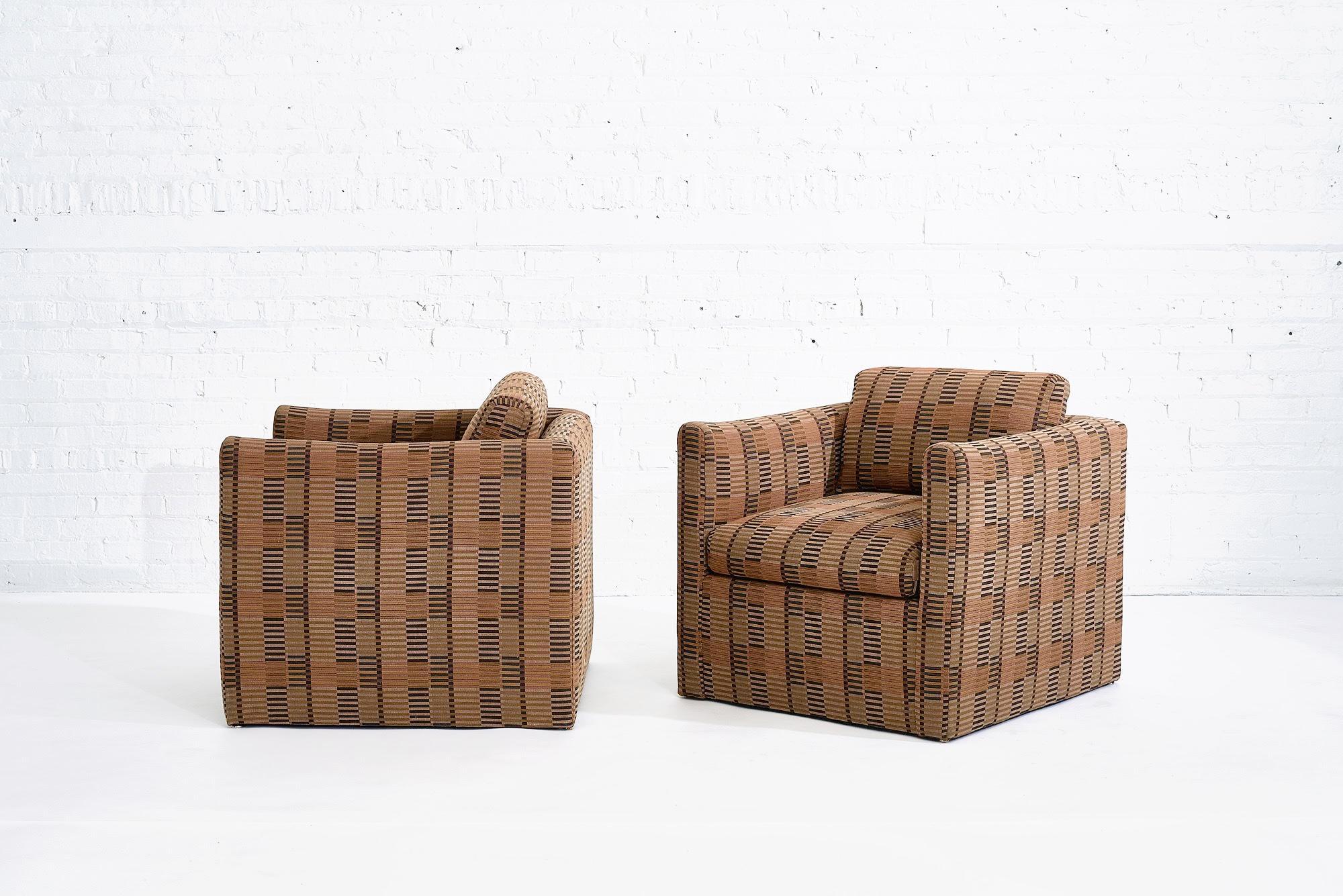 Manhattan lounge chairs by John Saladino for Dunbar. circa 1980. Upholstered in Bauhaus fabric.
