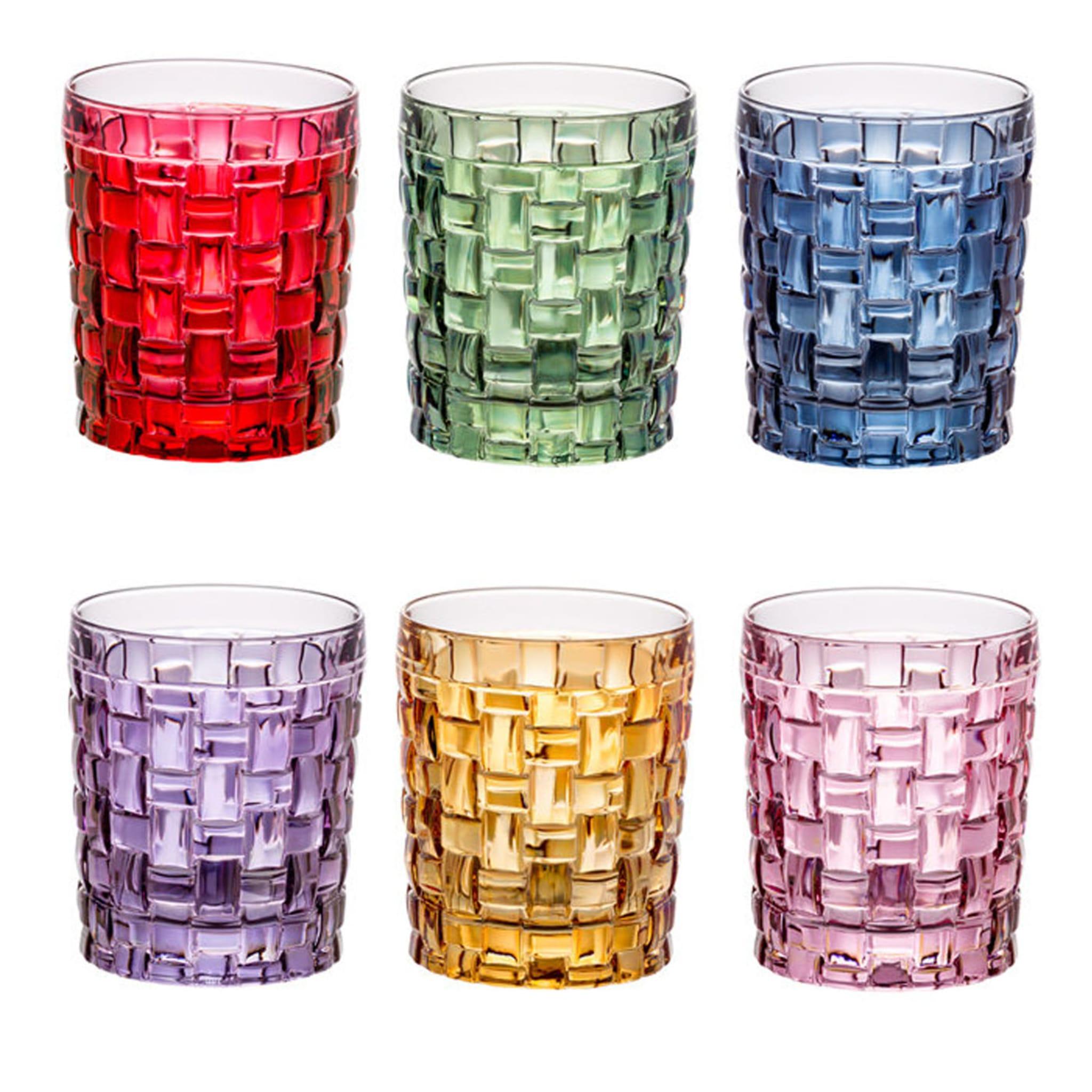 Exquisite craftsmanship, striking texture, and unique color combinations are the alluring qualities of this set of six water glasses of the Manhattan Collection. The linear silhouette of the pieces in glass is hand decorated by hand with a superb