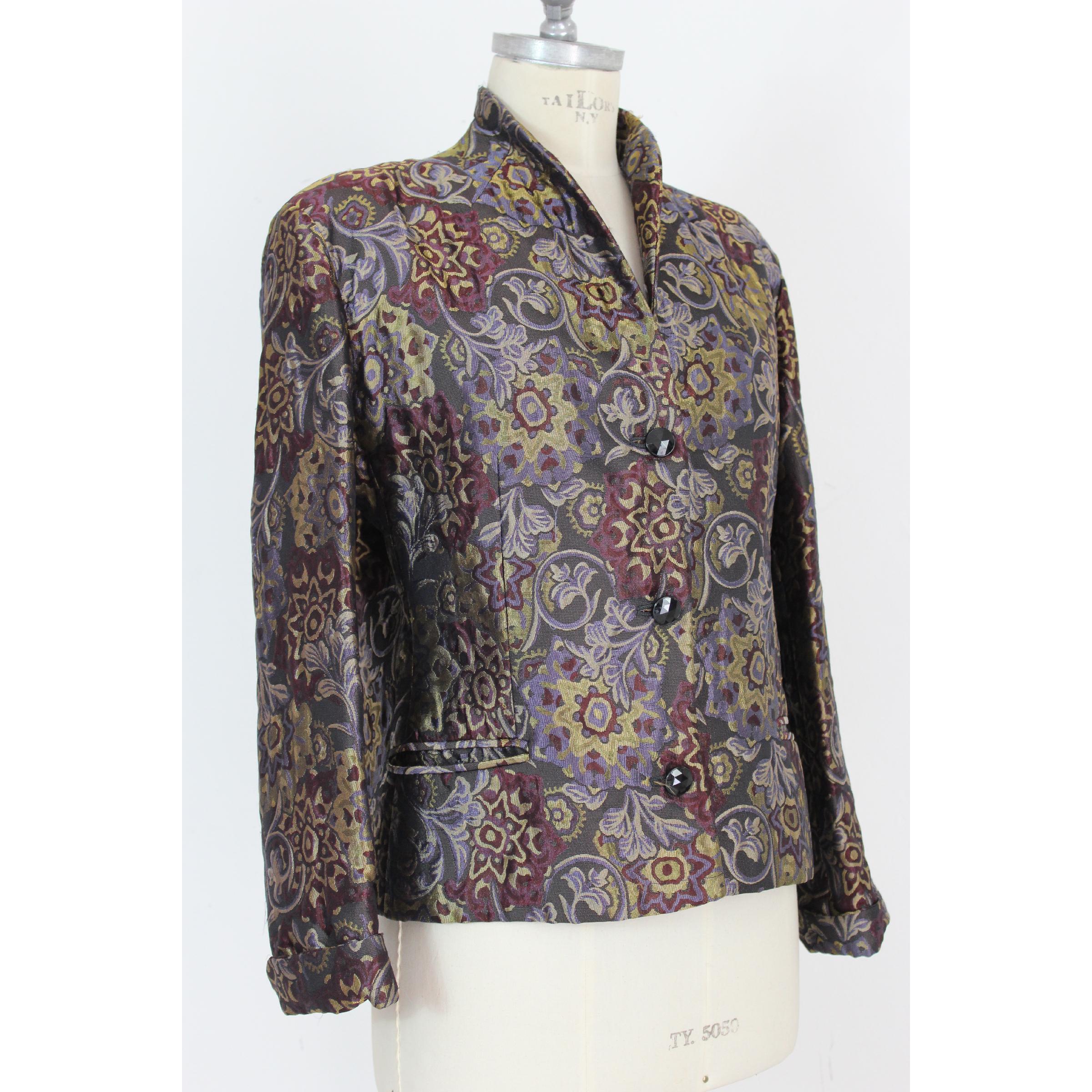 Women's Mani by Armani Floral Damask Multicolor Violet Black Silk Slim Fit Jacket 1980s