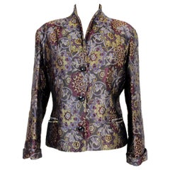 Retro Mani by Armani Floral Damask Multicolor Violet Black Silk Slim Fit Jacket 1980s