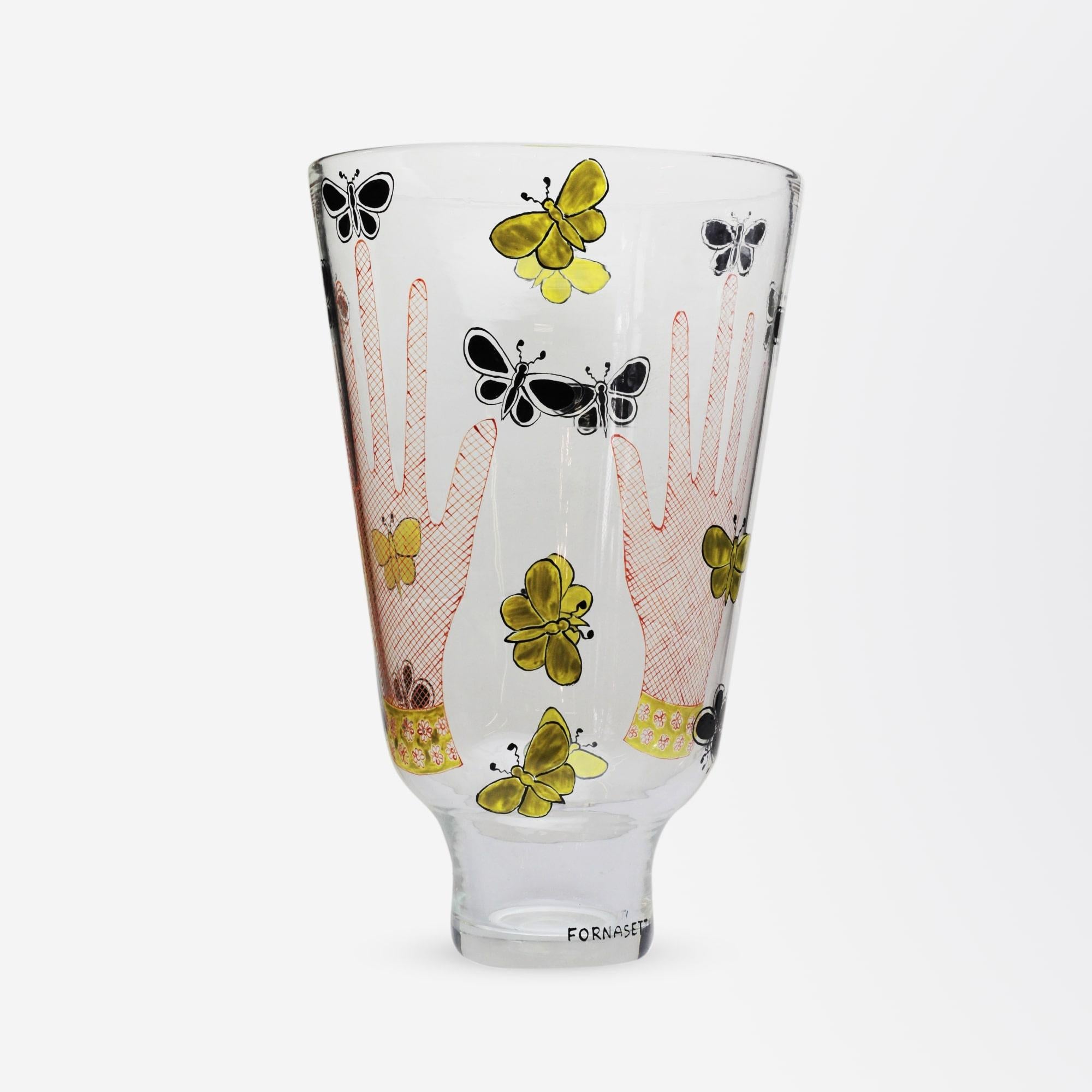 A rare, early Fornasetti glass vase, titled 'Mani Con Farfalle' (Hands with Butterflies), originally debuted at the 'VI Triennial of Venice' in 1936 through collaboration with S.A.L.I.R. - Studio Arts Labor Industrie Riunited. A museum-quality
